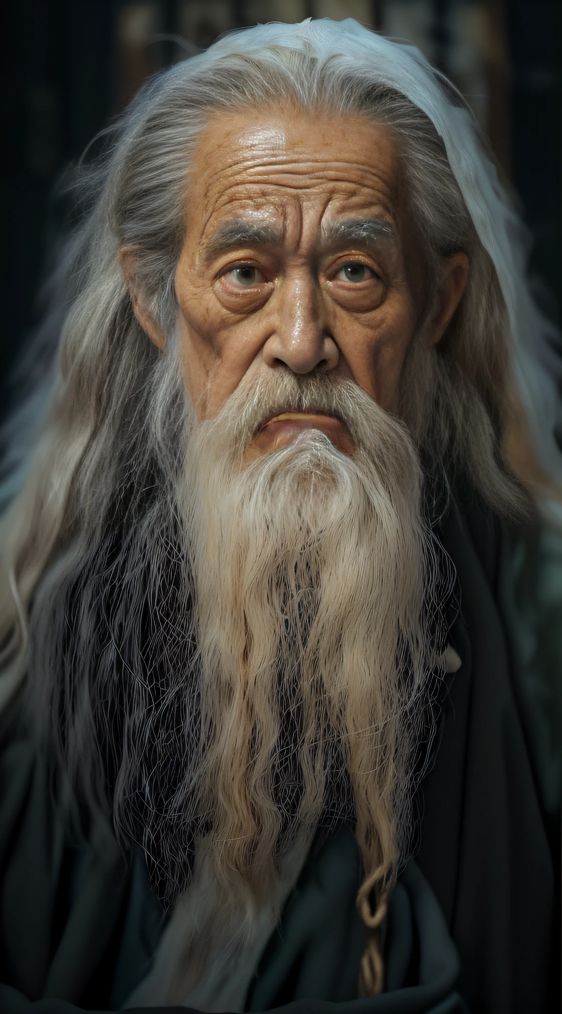 An old man,clad in robes,Face to the camera,The expression is serious。