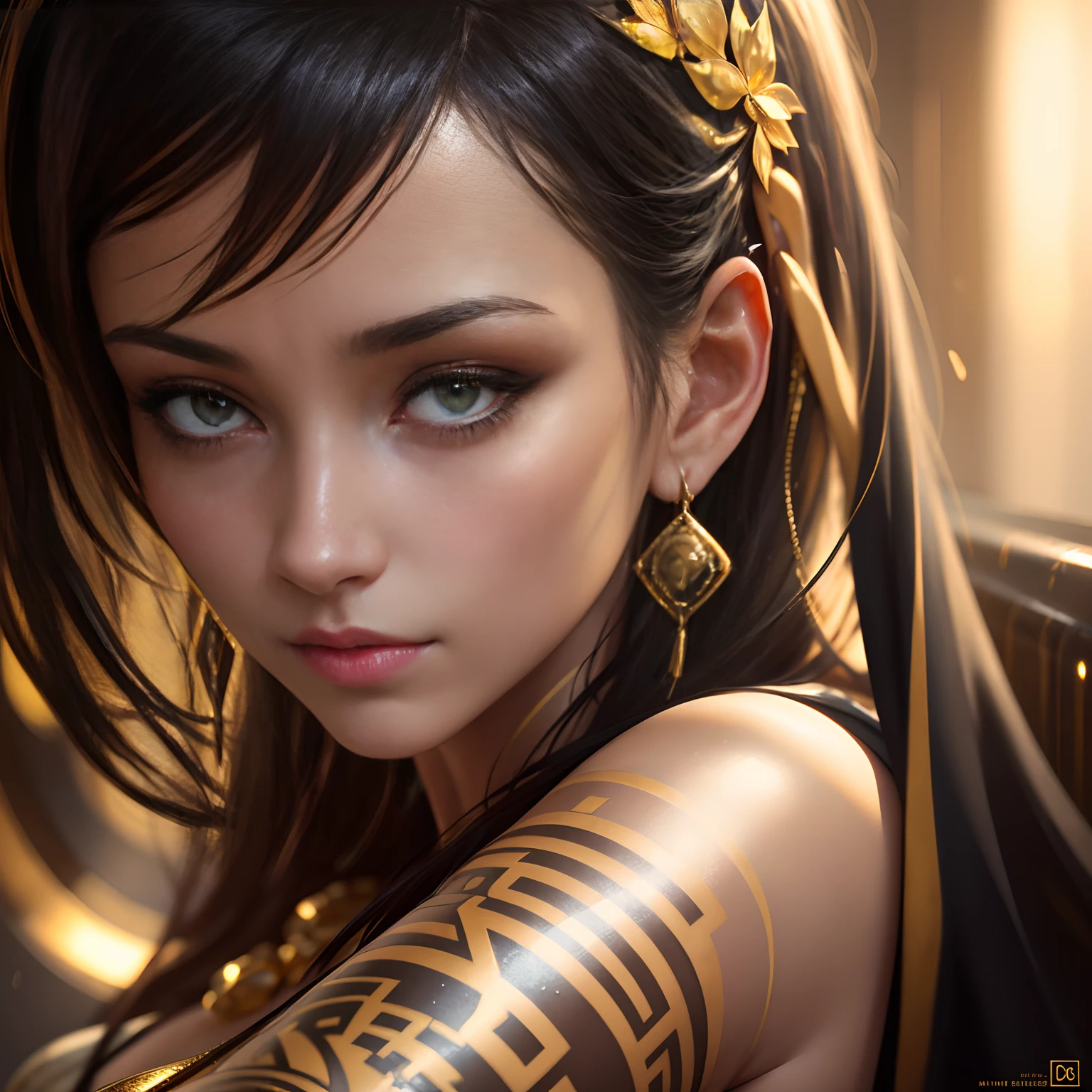Gold tattoo with girl in the rain with golden earrings, In the style of vray tracing, Martin Ansin, yuumei, Poured, close up, Dark white and gold, speedpainting, masutepiece, Best Quality,