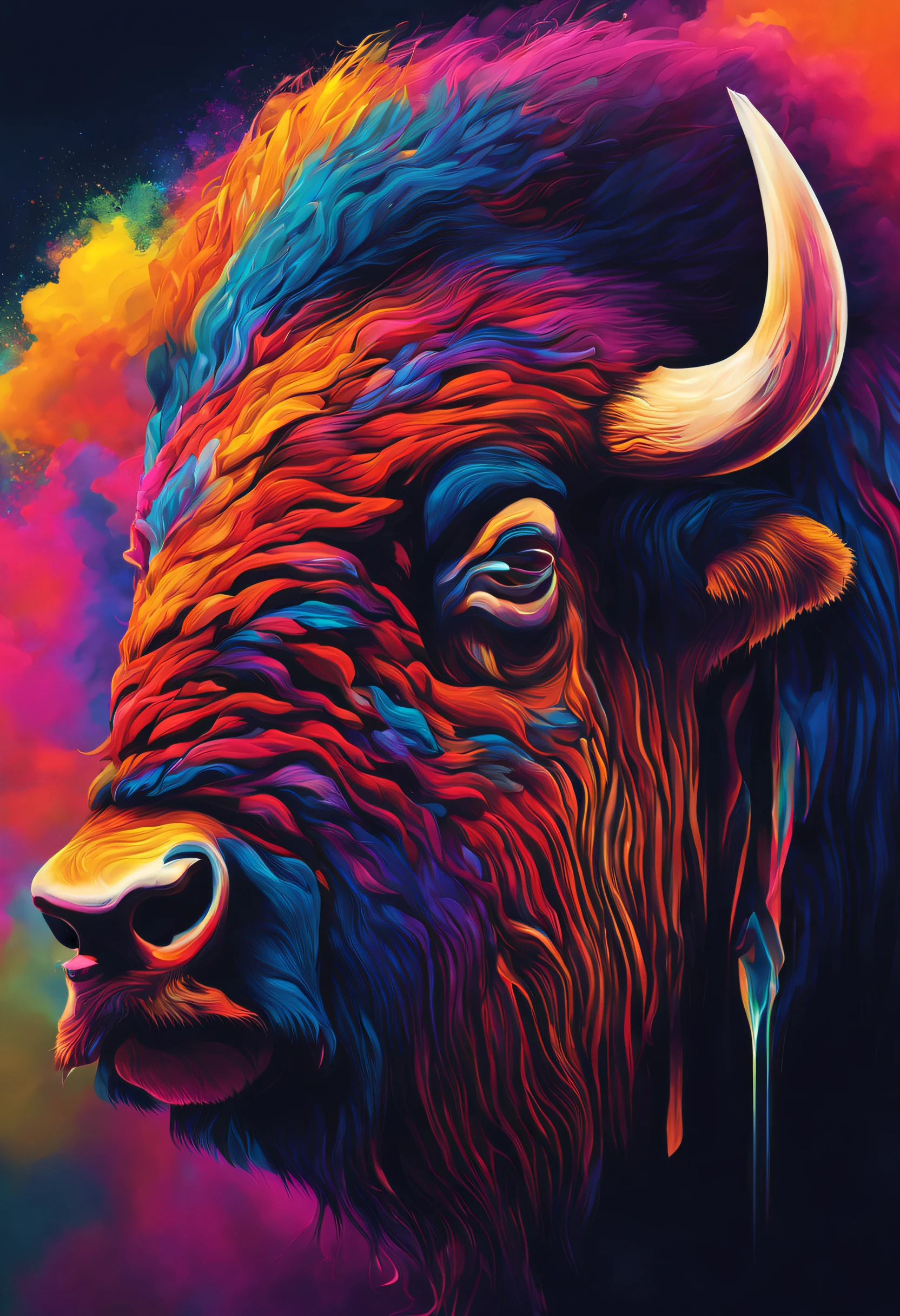 ((1 bison)),(Best Quality,4K,8K,hight resolution,masutepiece:1.2),Ultra-detailed, [Vibrant colors], [Psychedelic patterns], [Sparkling textures], [abstract shapes], [unique designs], [captivating glow], [Creative composition], [Playful elements], [dreamy ambiance], [Artistic expression], [Fantasy Surrealism], [Energetic movement], [Futurist aesthetics], [Magical charm], [Bold and energetic], [Psychedelic atmosphere], [neon light], [Eclectic combination], [ethereal beauty], [An otherworldly experience], [Whimsical touch], [Sensory overload], [Mind-bending illusions], [electric energy], [Hypnotic vision], [Mystical nature], [Imaginative shoes], [Eye-catching details], [dynamic contrast], [Psychedelic Color Palette], [delicate craftsmanship], [Stunning visuals], [Fascinating perspective], [Unconventional design], [Expanding your mindset], [Unforgettable shock].