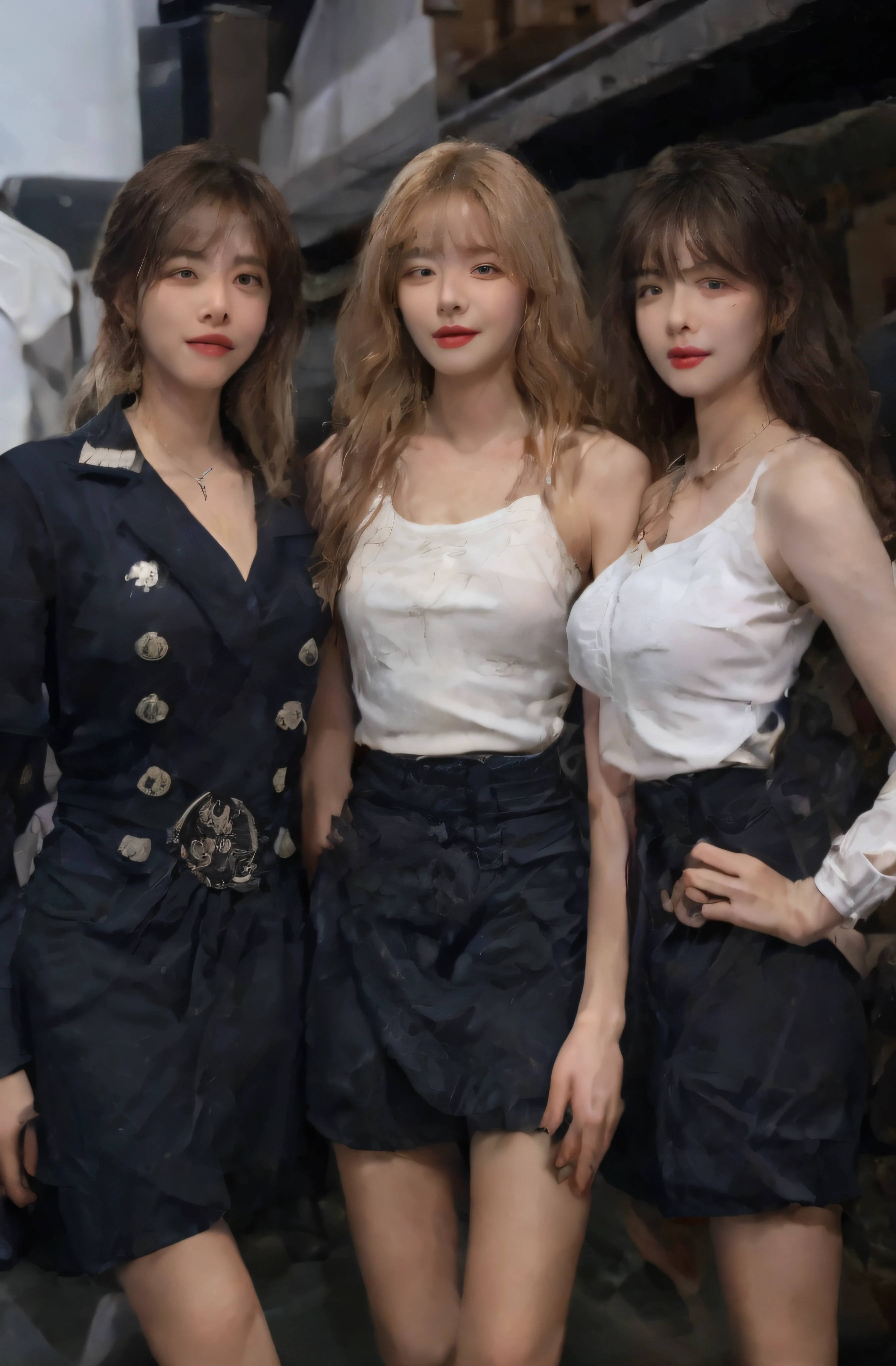 three women in short skirts posing for a picture in a city, korean women's fashion model, cropped shirt with jacket, jk uniform, female sailor uniforms, trending at cgstation, wearing crop top and miniskirt, white and black clothing, sexy style, wearing a cropped tops, girls frontline style, photo of slim girl model, casual clothing style, open v chest clothes