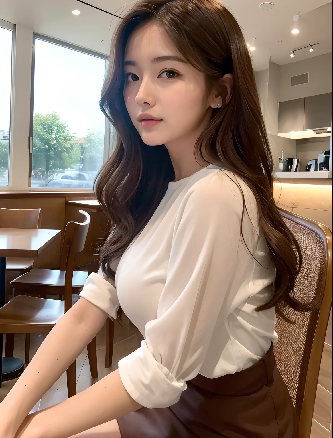 ((Top Quality, 8k, Masterpiece: 1.3)), Beauty,long wavy dark Brown hair, in Cafe, instagram post style, realistic clors, realistic light, medium breast, sitin on chair, Taken from afar