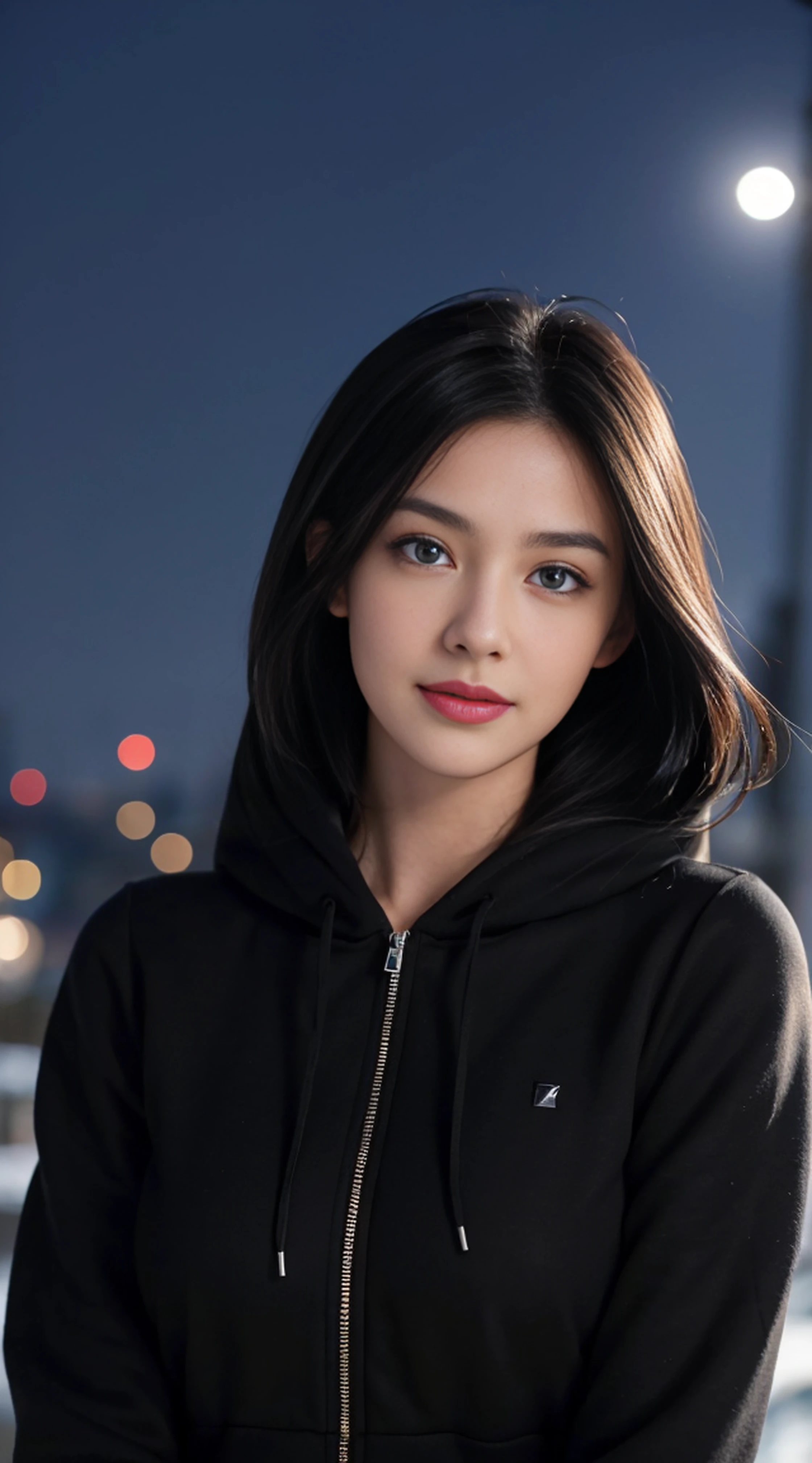 8K, Top Quality, Intricate Details, Ultra Detail, Ultra High Resolution, Masterpiece, random angle, Slender, Smile, (Makeup: 0.4), (Fluffy Blue Eyes: 1.21), blue Eyes, looking at viewer, ((full body)), 1girl, solo, 1 girl, (( full body)), Extreme close-up shot, , (Spread legs: 1.2) ((tall)), (((fit body))), (((slim face))), sharp face, sharp eyes, (((black hair, long hair, )) (detailed face), sharp face, small lips,
(( hoodie )), detailed face, detailed breast, , large breast, detail ass, , Beautiful girl with accentuated slender abs: 1.4, Six Pack Abs: 1.4, Bust Botox, Big, Perfect Body, detail leg, (( moonlight)), top of mountain