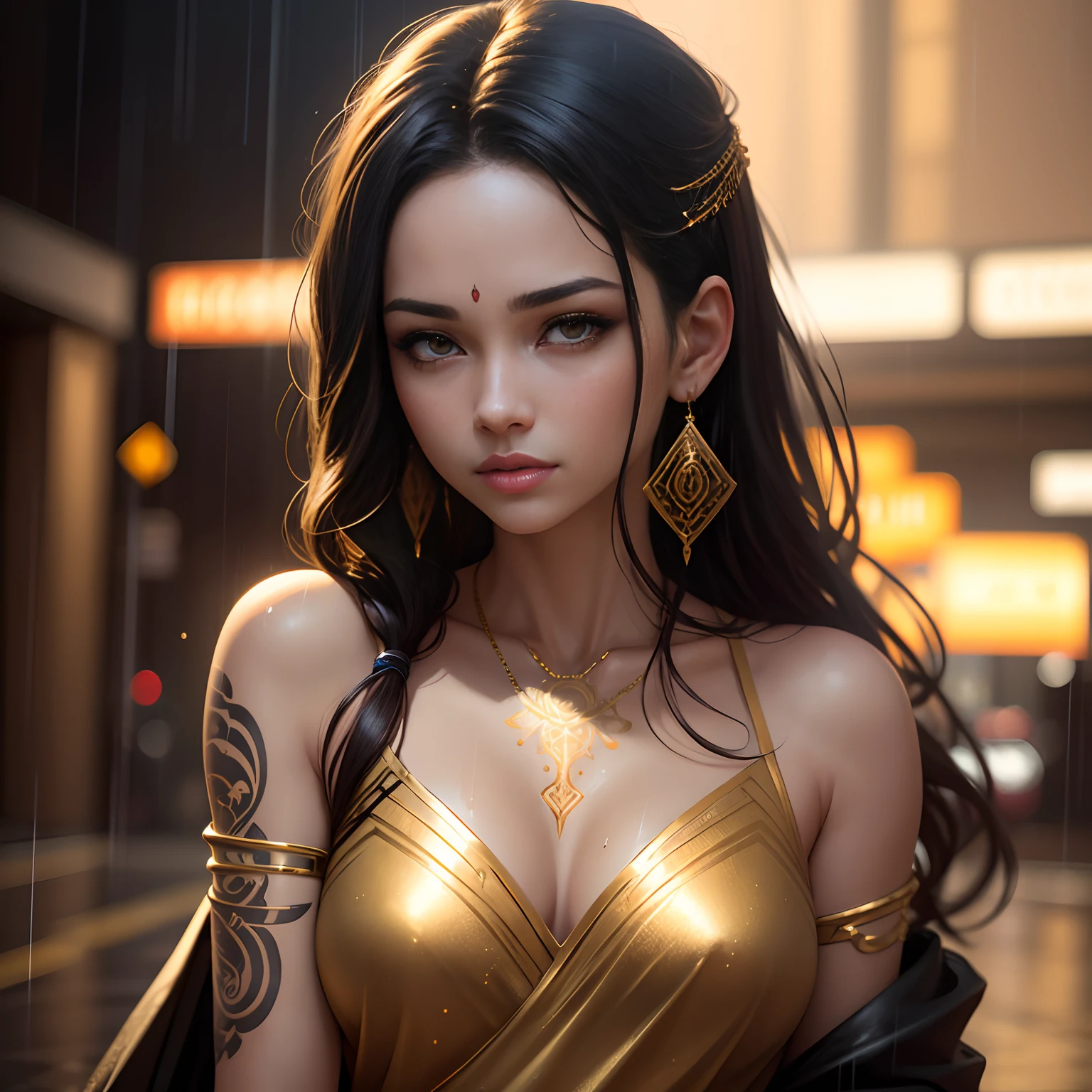Gold tattoo with girl in the rain with golden earrings, In the style of vray tracing, Martin Ansin, yuumei, Poured, close up, Dark white and gold, speedpainting, masutepiece, Best Quality,