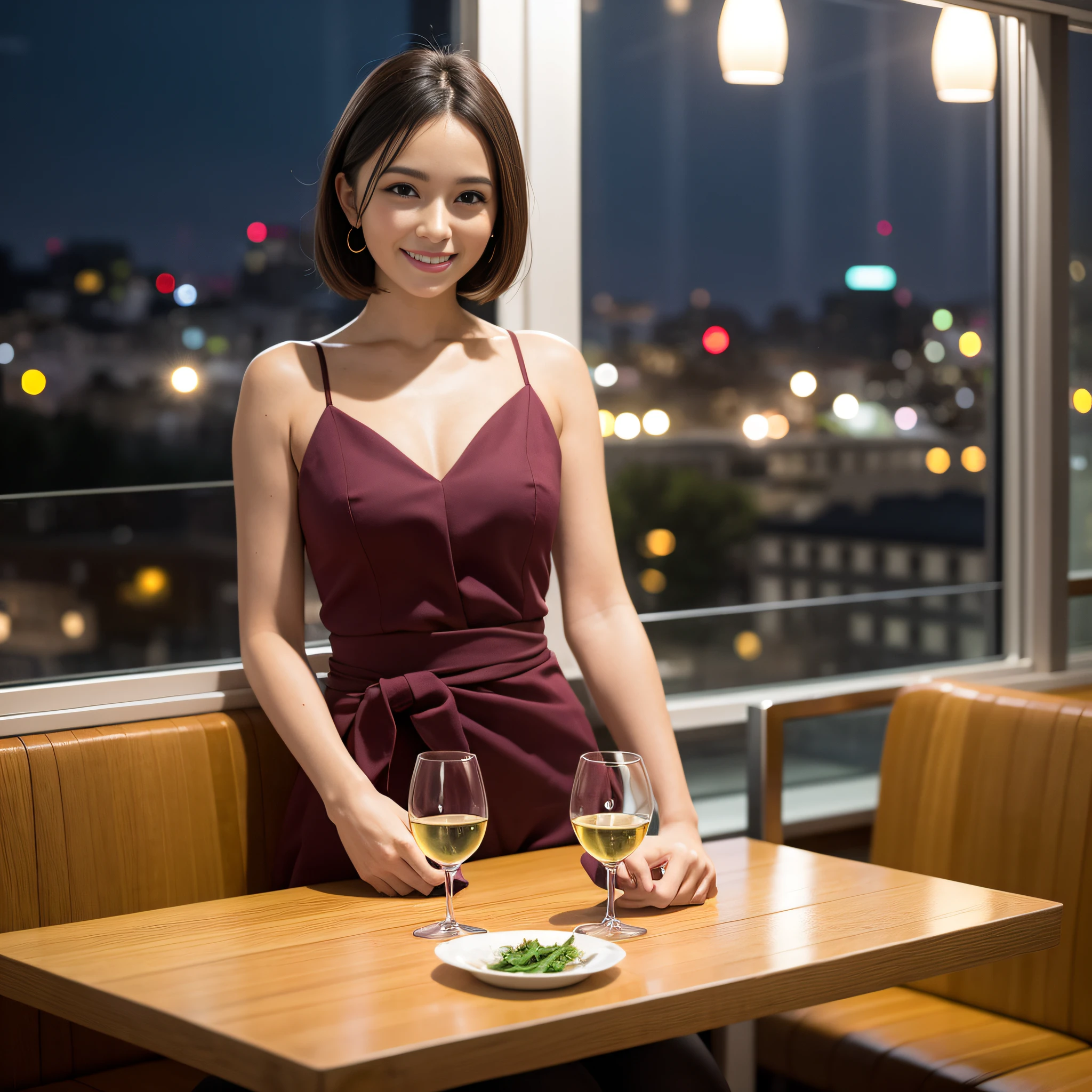 (64K, UHD, top quality, masterpiece: 1.2), (realistic, photorealistic: 1.37), super detailed, pretty woman 1 person, (slim face), (slim body), (brown hair), (short cut), cheeks slightly blushing, (35 years old), 38 years old, solo, beautiful detailed urban night view outside the window, restaurant, wine glasses sit, at night, in a prominent place (from the waist up) NovaFrogStyle, Actress, Model, Waist Up, White Wine, Slim, Wine Glass, Super Clean Night View, Wine Glass Put in the Middle, Happy Smile, (Smile: 1.15), Beautiful Fine Eyes, Upper Body, Bust Japan Up, Night, Short, Short, Actress, Model, Waist Up, White Wine, Slim, Wine Glass, Super Clean Night View, Wine Glass Put in the Middle, Happy Smile,