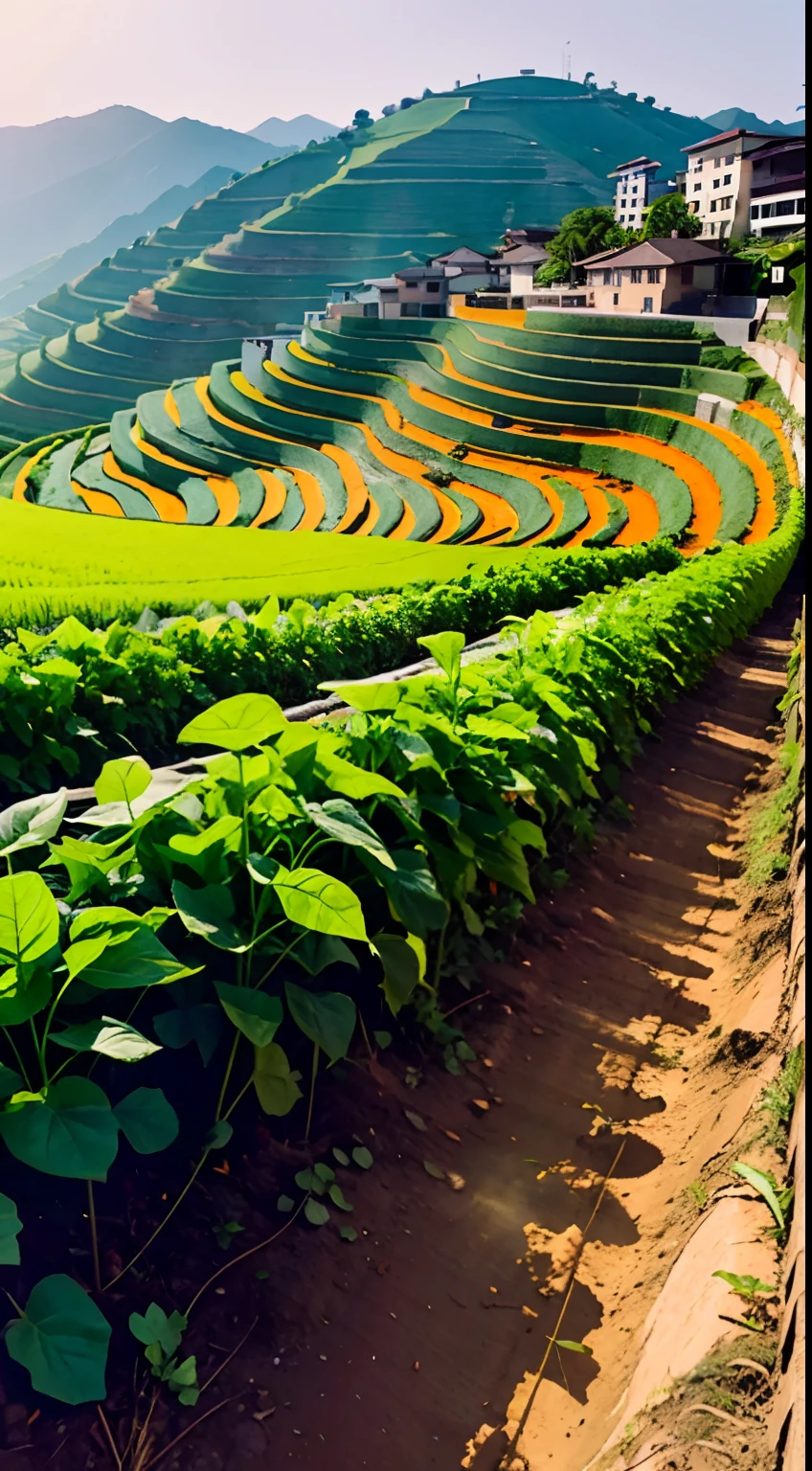 A road, terraced fields on a flat slope, green sweet potato leaves, clusters of sweet potatoes dug up in the afterglow of the sun, picked up by the farmer's uncle Luo Yu