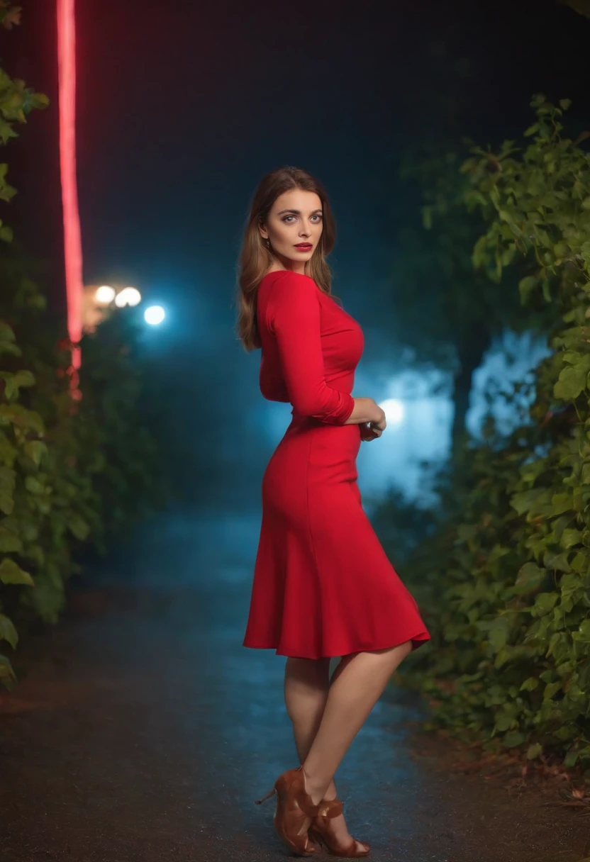 A French woman dressed in red stands next to Zhiguli,Full body photo， lada, The VAZ 2109 is realistic in a night flash of red neon lights, Blue eyes, Short skirt, Dark jungle，The background is the feeling of fog, high resolution, High details, Kitty details, Cinematic light, RAW photo, 4K, Lenze 85 mm, Bare leg details, full body in frame, Very nice lady,