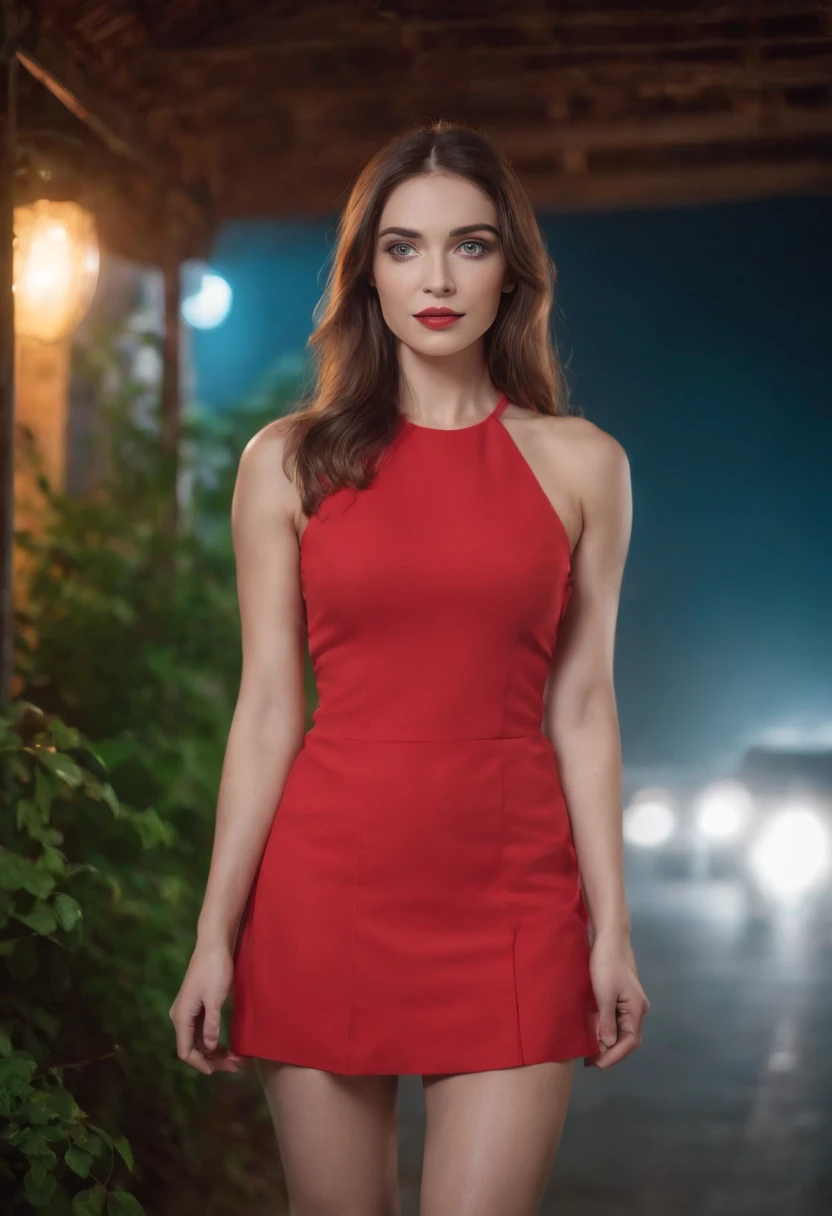 A French woman dressed in red stands next to Zhiguli,Full body photo, lada, The VAZ 2109 is realistic in a night flash of red neon lights, Blue eyes, Short skirt, Dark jungle,The background is the feeling of fog, high resolution, High details, Kitty details, Cinematic light, RAW photo, 4K, Lenze 85 mm, Bare leg details, full body in frame, Very nice lady,