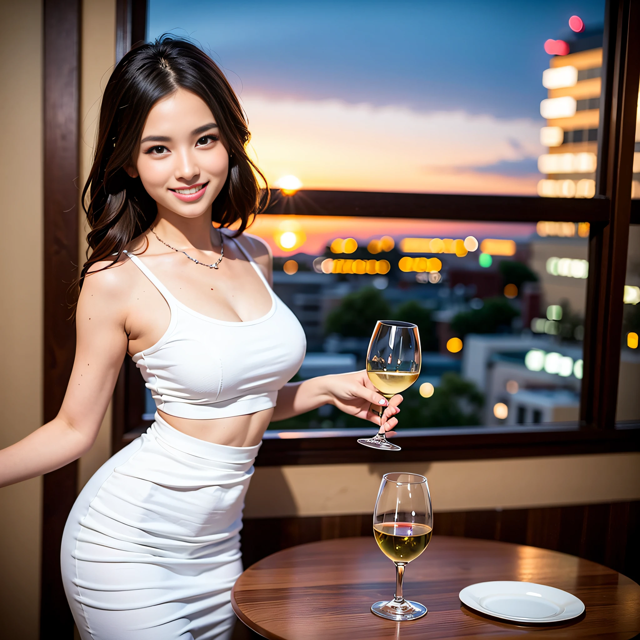 (64K, UHD, top quality, masterpiece: 1.2), (realistic, photorealistic: 1.37), super detailed, pretty woman 1 person, (slim face), (slim body), (brown hair), (short cut), cheeks slightly blushing, (35 years old), 38 years old, solo, beautiful detailed urban night view outside the window, restaurant, wine glasses sit, at night, in a prominent place (from the waist up) NovaFrogStyle, Actress, Model, Waist Up, White Wine, Slim, Wine Glass, Super Clean Night View, Wine Glass Put in the Middle, Happy Smile, (Smile: 1.15), Beautiful Fine Eyes, Upper Body, Bust Japan Up, Night, Short, Short, Actress, Model, Waist Up, White Wine, Slim, Wine Glass, Super Clean Night View, Wine Glass Put in the Middle, Happy Smile,