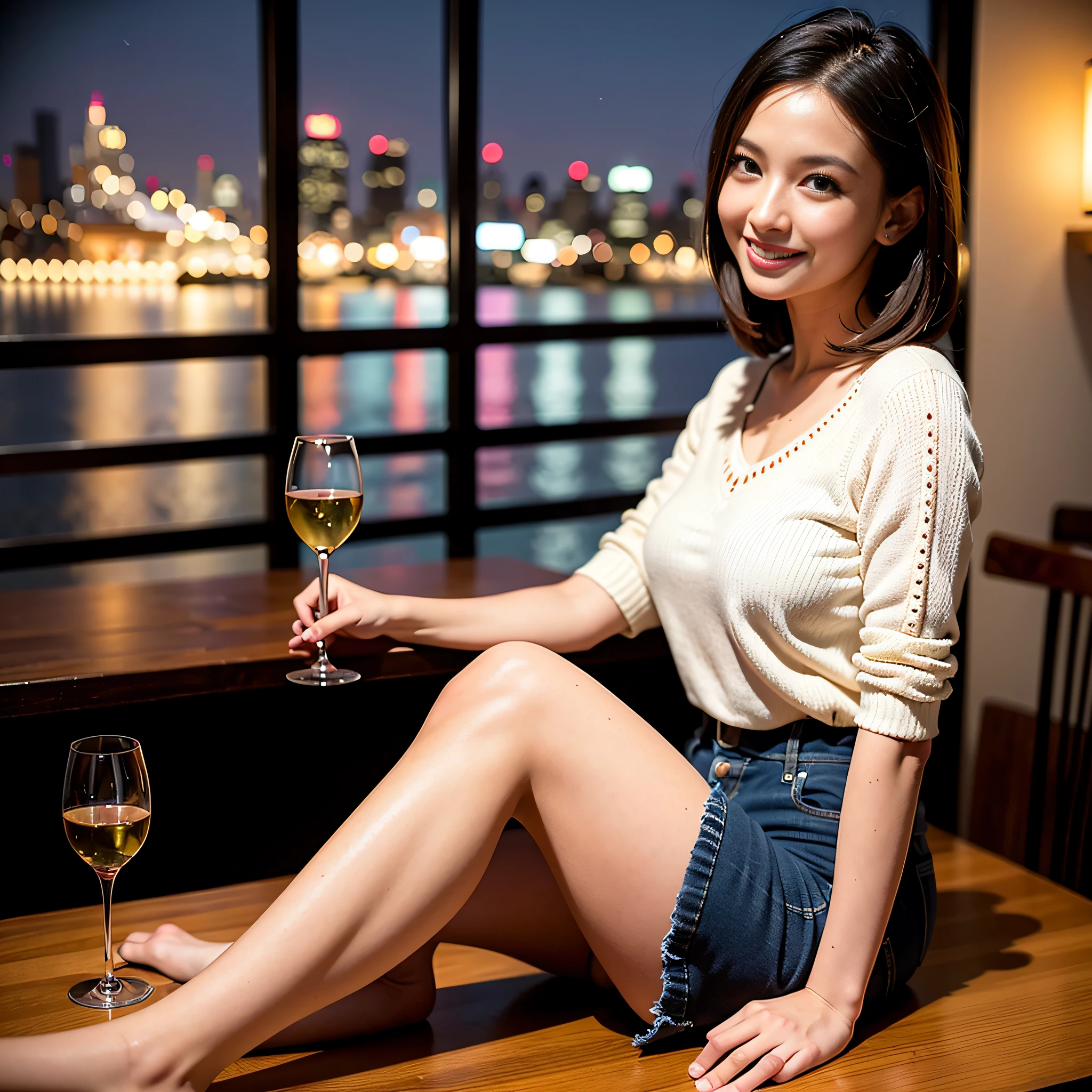 (64K, UHD, top quality, masterpiece: 1.2), (realistic, photorealistic: 1.37), super detailed, pretty woman 1 person, (slim face), (slim body), (brown hair), (short cut), cheeks slightly blushing, (39 years old), 38 years old, solo, beautiful detailed urban night view outside the window, restaurant, wine glass sitting, night, in a prominent place (from the waist up) NovaFrogStyle, Actress, Model, Waist Up, White Wine, Slim, Wine Glass, Super Clean Night View, Wine Glass Put in the Middle, Happy Smile, (Smile: 1.15), Beautiful Fine Eyes, Upper Body, Bust Japan Up, Night, Short, Short, Actress, Model, Waist Up, White Wine, Slim, Wine Glass, Super Clean Night View, Wine Glass Put in the Middle, Happy Smile,