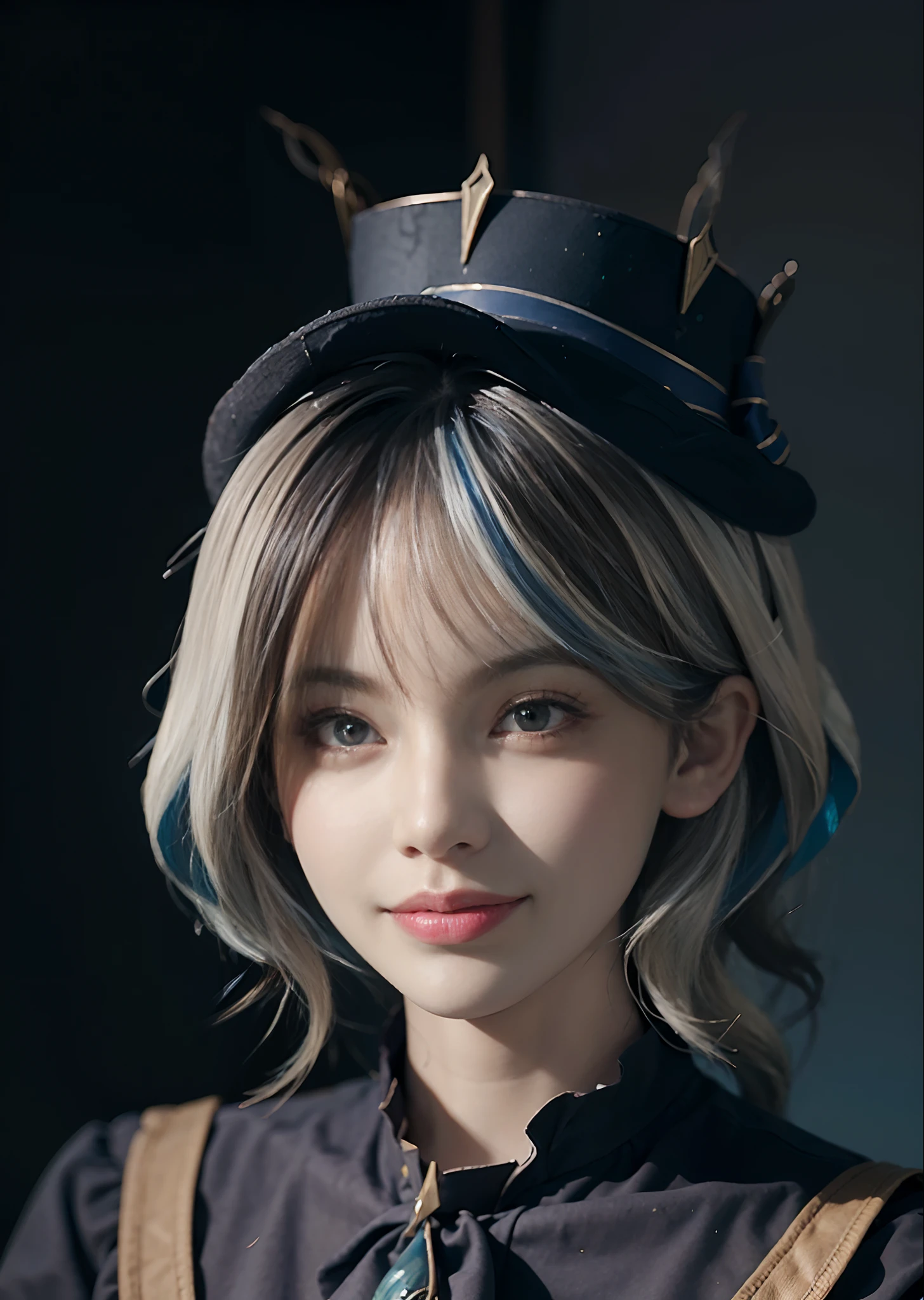(front focus), (in the dark:1.6), Hyperrealist portrait of female by david hockney and alphonse mucha, fantasy art, photo realistic, dynamic lighting, artstation, poster, volumetric lighting, very detailed faces, 4 k, award winning, 1girl, in the dark, deep shadow, low key, cowboy shot, (official clothing:1.4), long hair, white hair, smile, ultra detailed skin,