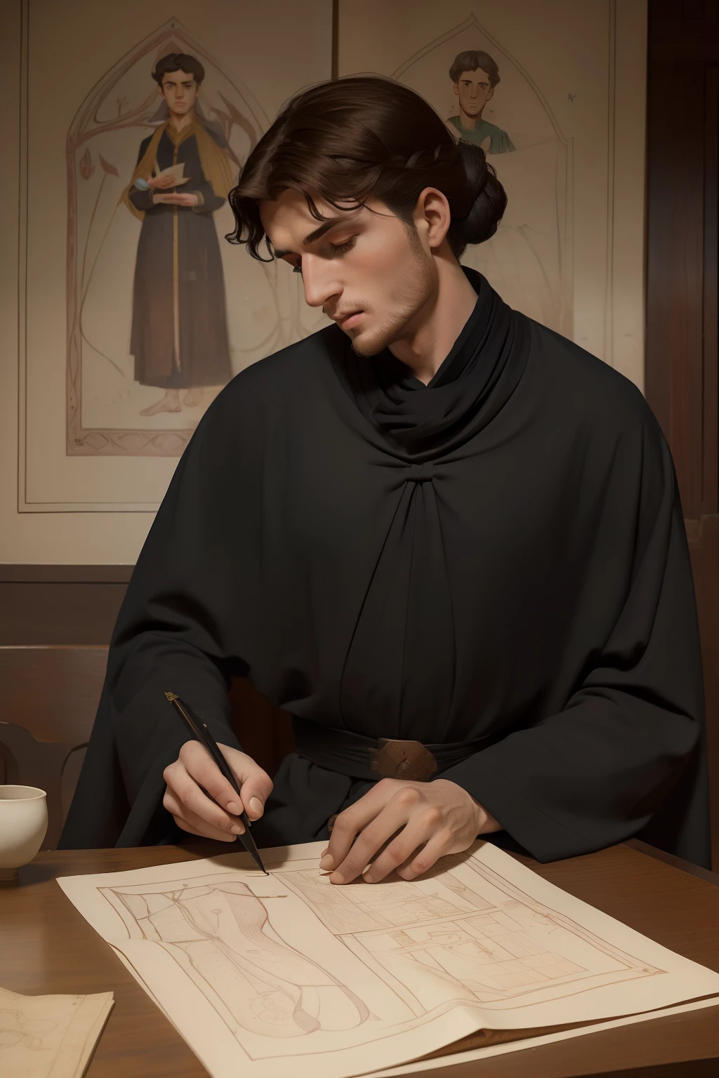 Year: 11th century. Location: Ispahan. Pre-raphaelite scene with a 25-year-old english man, sketching an ((anatomy drawing)) in a piece of paper, table, ((((11th century black caftan)))) ((11th century hairstyle)), (((cinematic style)))
