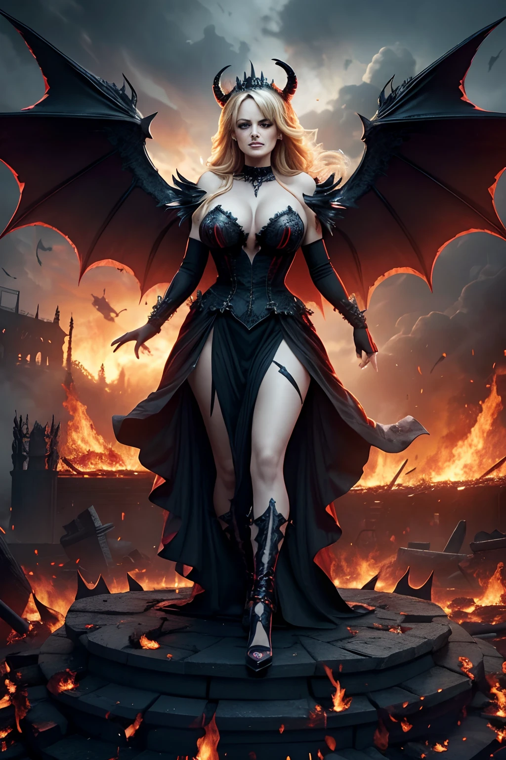 Ultra-detailed Stormy Daniels stands atop a pile of burning ruins, Her diabolical and insidious presence radiating from her dark crown and black and red evil queen dress........................................................... Her demon wings on her back and demon horn give her an invincible aura as she unleashes a powerful wave of destruction with a single gesture....................................................................................................................