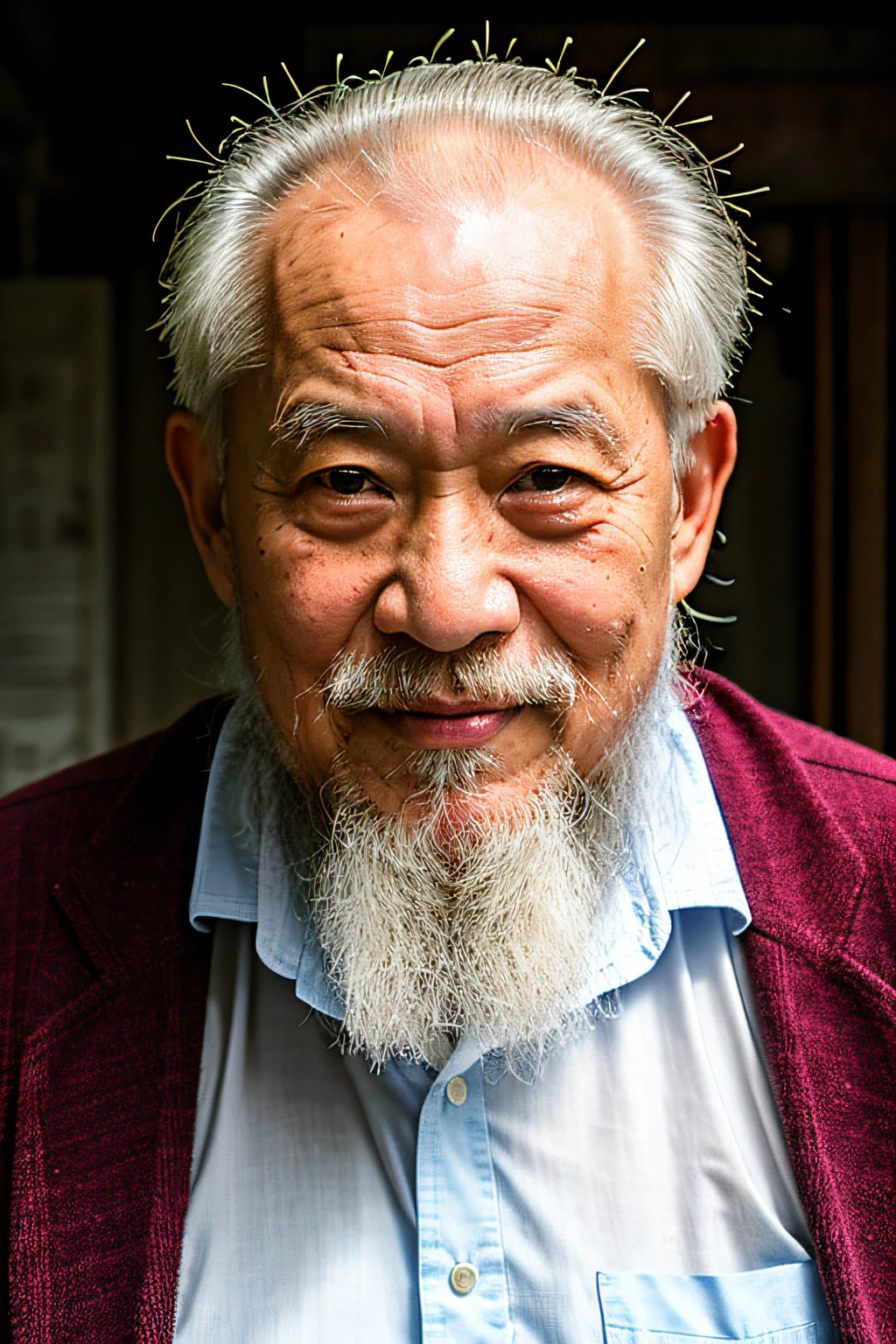An 80-year-old Asian father,Look at the viewer,park bench,Elderly father,Spiritual elderly,Single image, Short white hair,White Viking beard, Wide shoulders, High focal length, Bust photo,Faraway view,Digital SLR, Dark Studio, rim lit, twotonelighting, Dimly lit, low tune, Backlight,