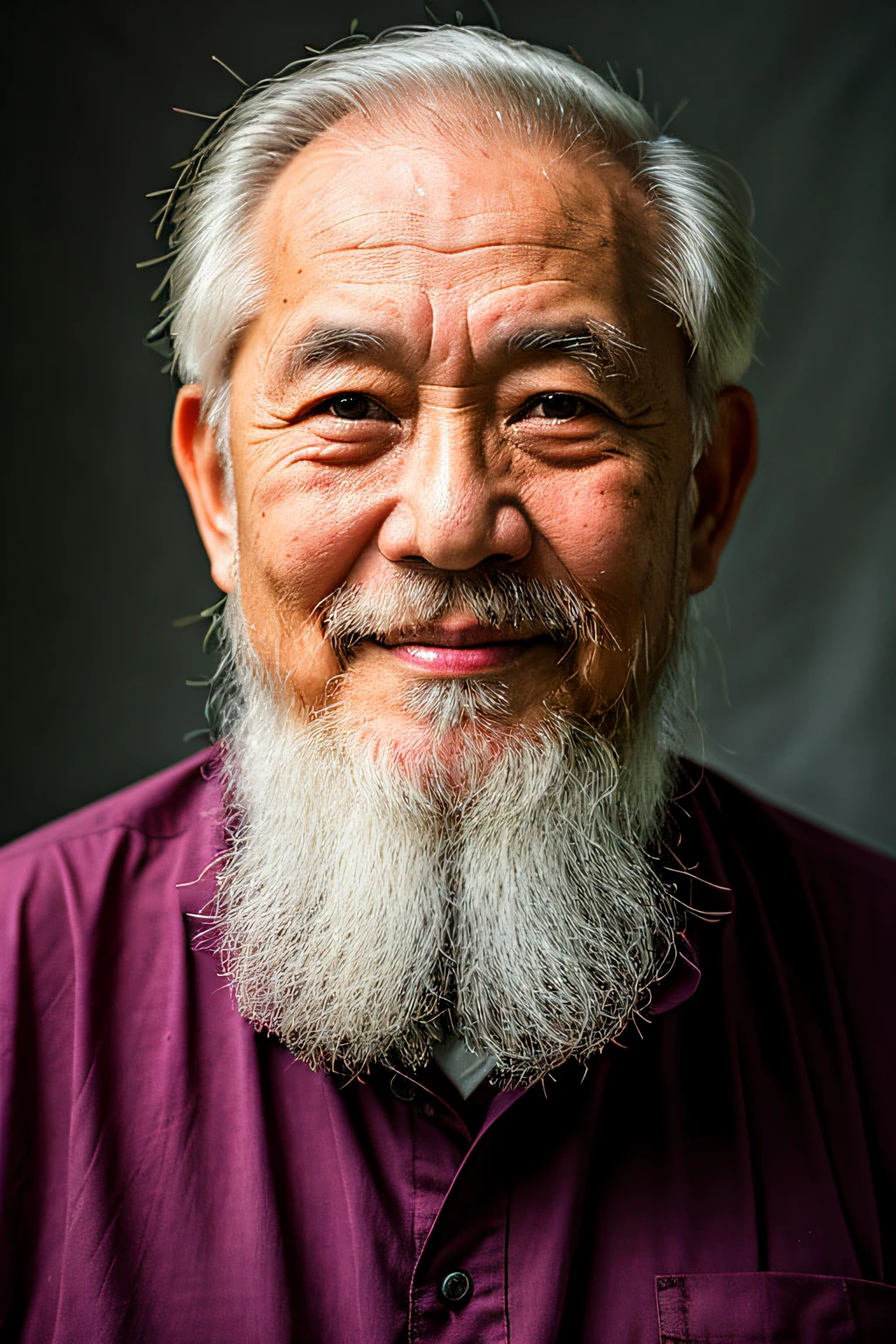 An 80-year-old Asian father,Look at the viewer,park bench,Elderly father,Spiritual elderly,Single image, Short white hair,White Viking beard, Wide shoulders, High focal length, Bust photo,Faraway view,Digital SLR, Dark Studio, rim lit, twotonelighting, Dimly lit, low tune, Backlight,