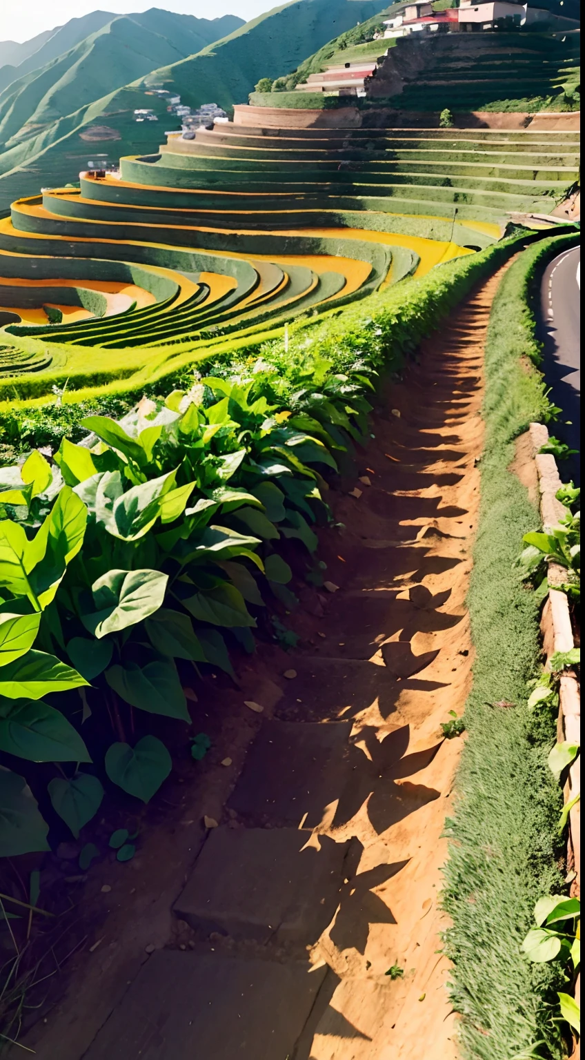 A road, terraced fields on a flat slope, green sweet potato leaves, clusters of sweet potatoes dug up in the afterglow of the sun, picked up by the farmer's uncle Luo Yu