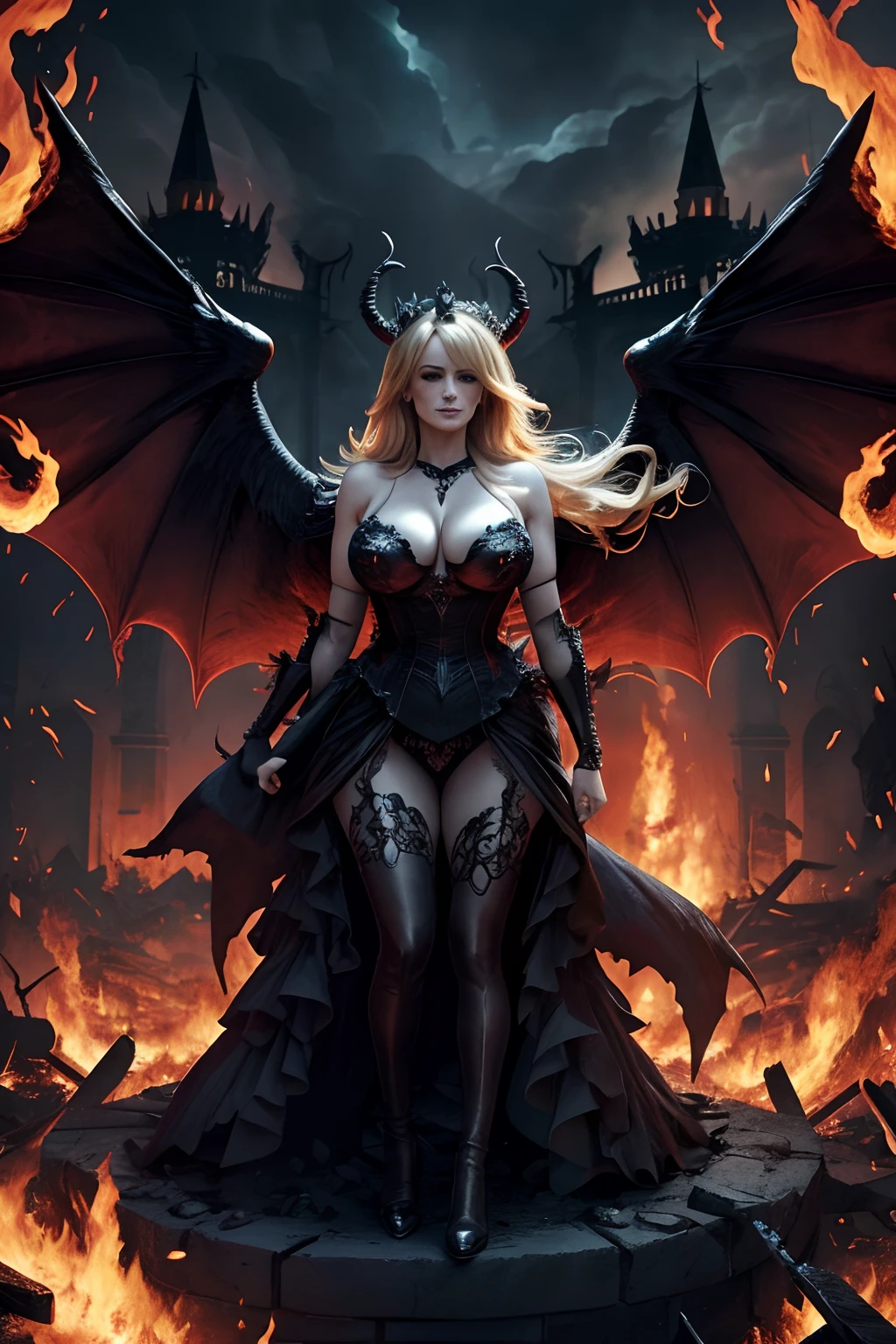 Ultra-detailed Stormy Daniels stands atop a pile of burning ruins, Her diabolical and insidious presence radiating from her dark crown and black and red evil queen dress........................................................... Her demon wings on her back and demon horn give her an invincible aura as she unleashes a powerful wave of destruction with a single gesture....................................................................................................................