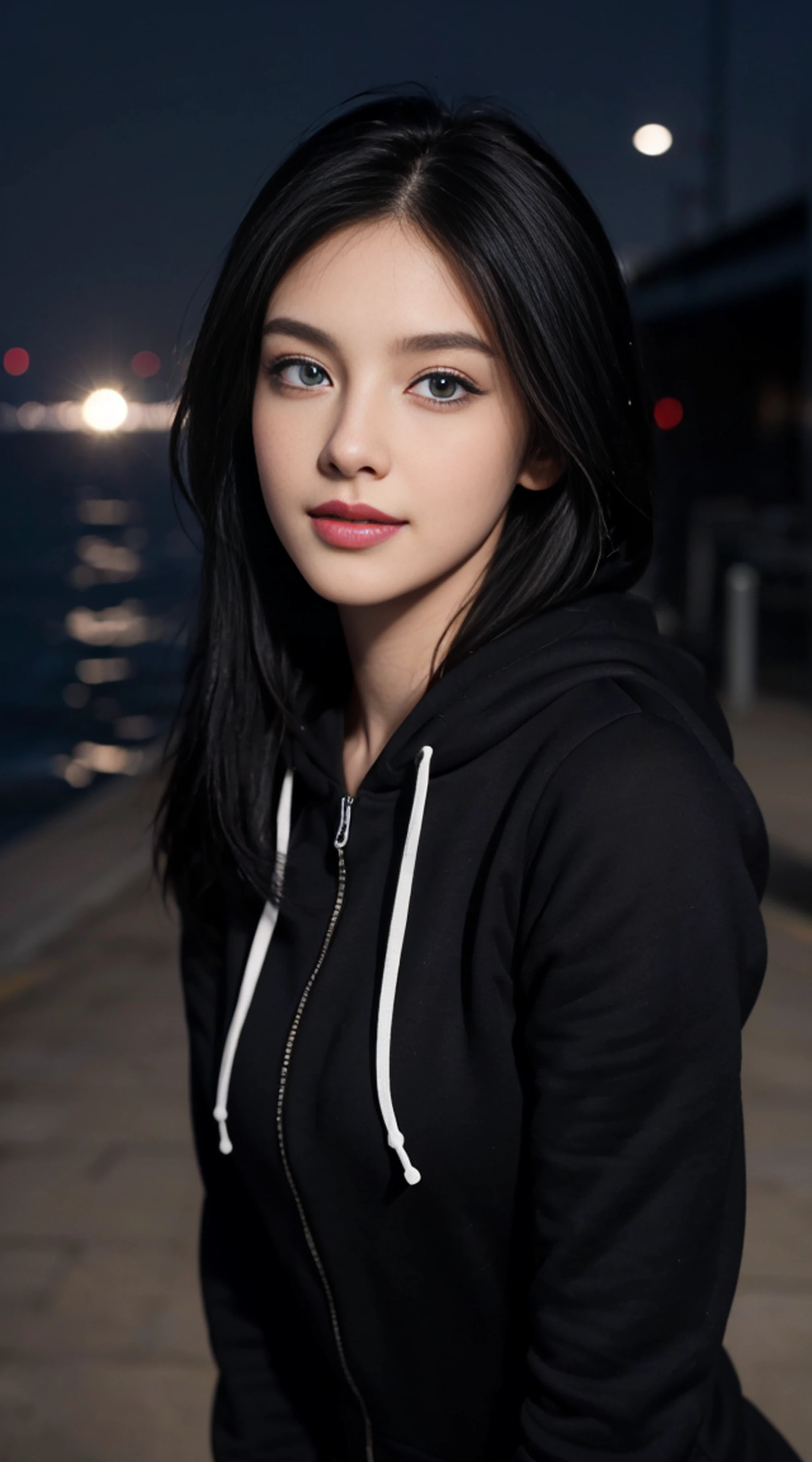 8K, Top Quality, Intricate Details, Ultra Detail, Ultra High Resolution, Masterpiece, random angle,  Slender, Smile, (Makeup: 0.4), (Fluffy Blue Eyes: 1.21), blue Eyes, looking at viewer, ((full body)), 1girl, solo, 1 girl, (( full body)), close up shot, , ((tall)), (((fit body))), (((slim face))), sharp face, sharp eyes, (((black hair, long hair, )) , (detailed face), sharp face, small lips, windy ,
 (( )), (zip hoodie)),  detailed face, detailed breast, , large breast, detail ass, , Beautiful girl with accentuated slender abs: 1.4, Six Pack Abs: 1.4, Bust Botox, Big, Perfect Body, detail leg, (( moonlight)), top of mountain