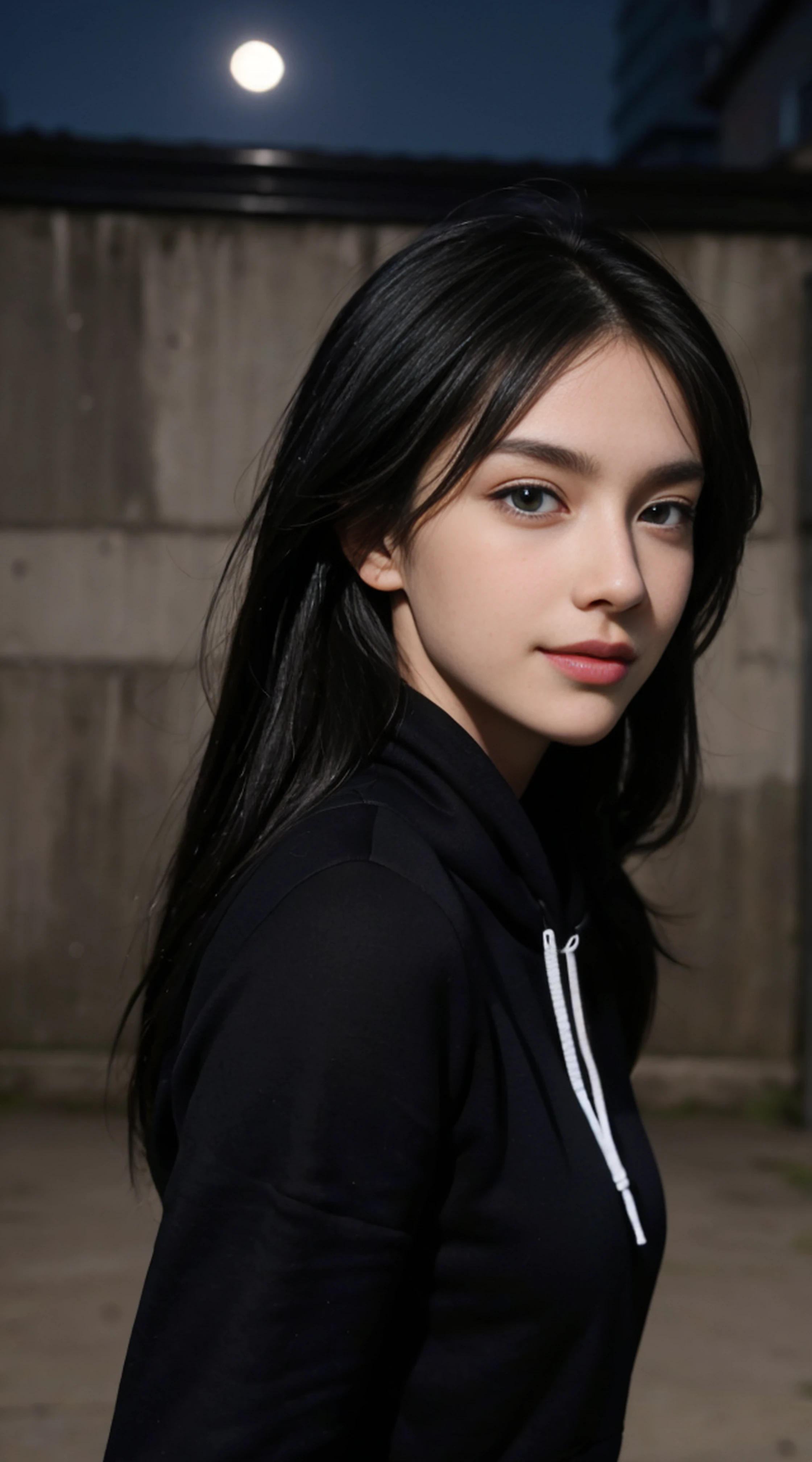 8K, Top Quality, Intricate Details, Ultra Detail, Ultra High Resolution, Masterpiece, random angle,  Slender, Smile, (Makeup: 0.4), (Fluffy Blue Eyes: 1.21), blue Eyes, looking at viewer, ((full body)), 1girl, solo, 1 girl, (( full body)), close up shot, , ((tall)), (((fit body))), (((slim face))), sharp face, sharp eyes, (((black hair, long hair, )) , (detailed face), sharp face, small lips, windy ,
 (( )), (zip hoodie)),  detailed face, detailed breast, , large breast, detail ass, , Beautiful girl with accentuated slender abs: 1.4, Six Pack Abs: 1.4, Bust Botox, Big, Perfect Body, detail leg, (( moonlight)), top of mountain