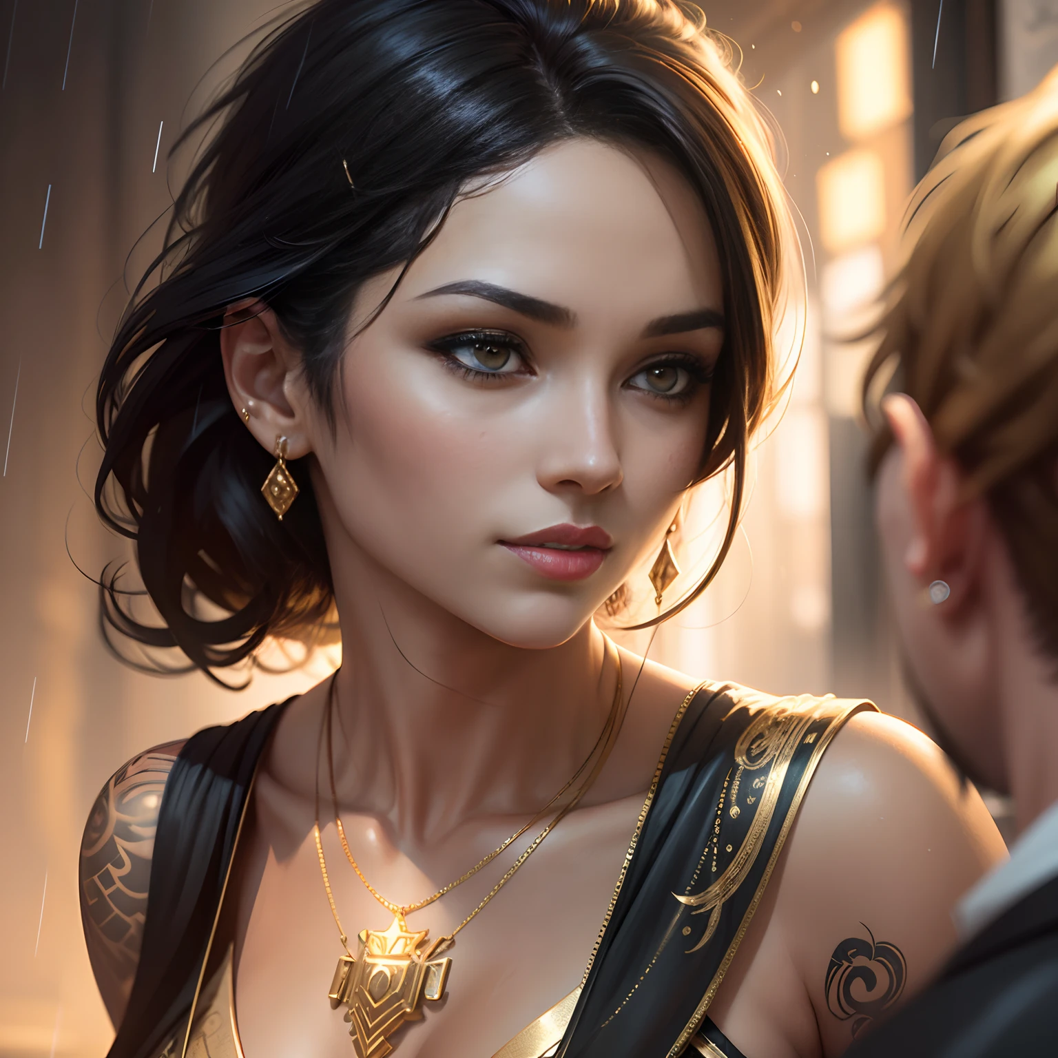 Gold tattoo with golden earrings and girl in the rain, In the style of vray tracing, Martin Ansin, yuumei, Poured, close up, Dark white and gold, speedpainting, masutepiece, Best Quality,