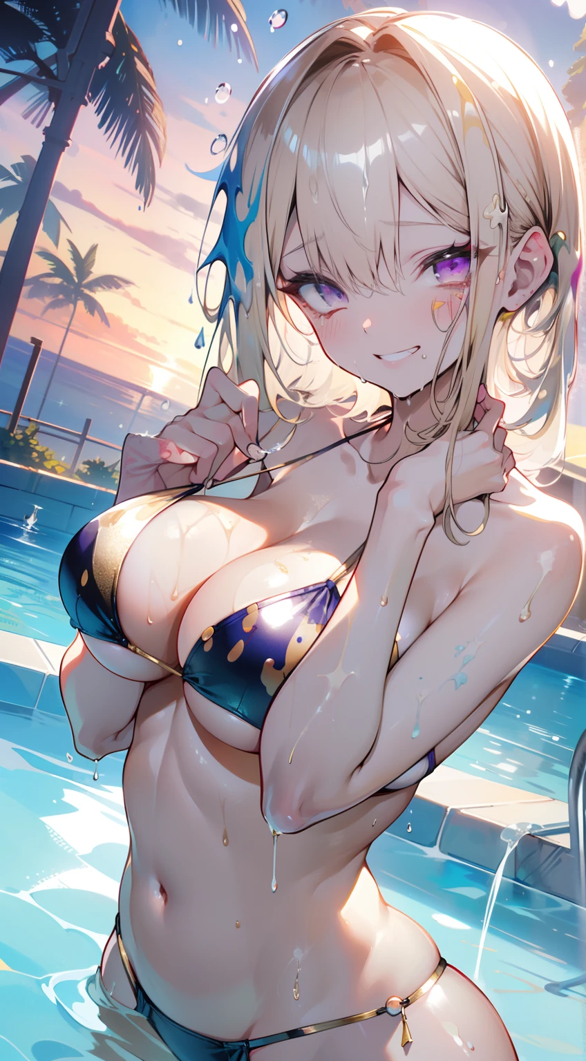 1 beauty, (Purple Eye Shadow:1.0),Platinum blonde long-haired, thick body、thick neck、broad shoulders、Smaller face、Medium-sized breasts、Watery Big Eyes,Beautiful constriction,teeth protrude slightly,((embarrassing smile:1.2))、long eyelasher,Blushlush, in poolside, Wet whole body, ((Light Gold Bikini Swimsuit:1.2)),(wet and disheveled hair:1.4),bustshot,Dynamic Angle Zoom, ((Perfect fingers)), (Water droplets:1.4)、(Heavy sweat on the face:1.2), (Splattering splashes shine:2), fine splashes on the body,Put your hair over your ears, High-speed camera:1.2、facefocus、inconspicuous areola,,,、((Scoop up water with a slouch:1.4))、Sunset、Sunset sky