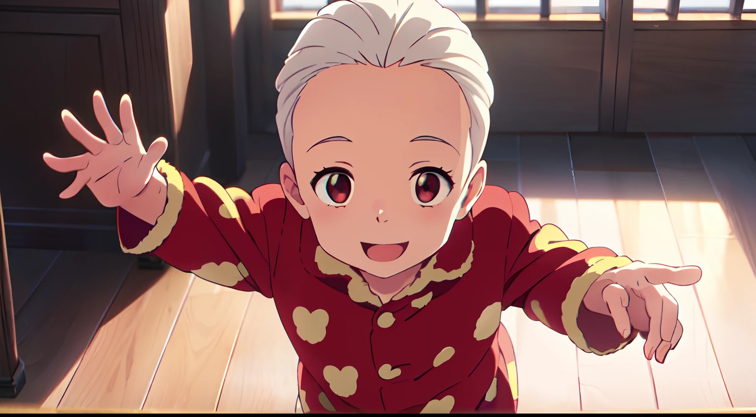 masterpiece, best quality, (1little boy), ( son), (solo), (white hair), (short hair parted fringe forehead), red eyes, (Onesie), (red bears onesie), happy, smiling, hands up, indoors, looks up, SHINKAI MAKOTO