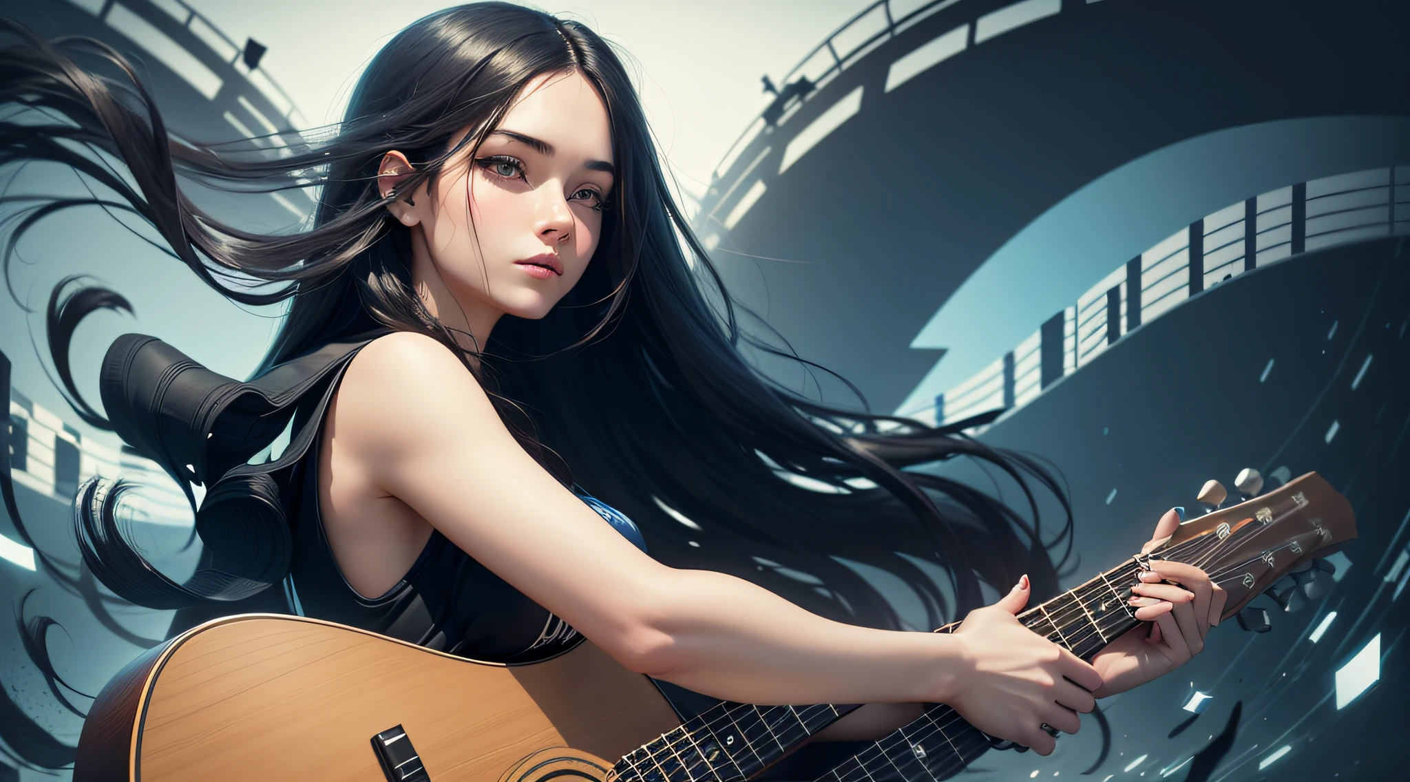 Graphic Design, Upbeat music visualization, Piano keyboard motifs, Young woman with long black hair playing guitar, Gentle shades based on blue