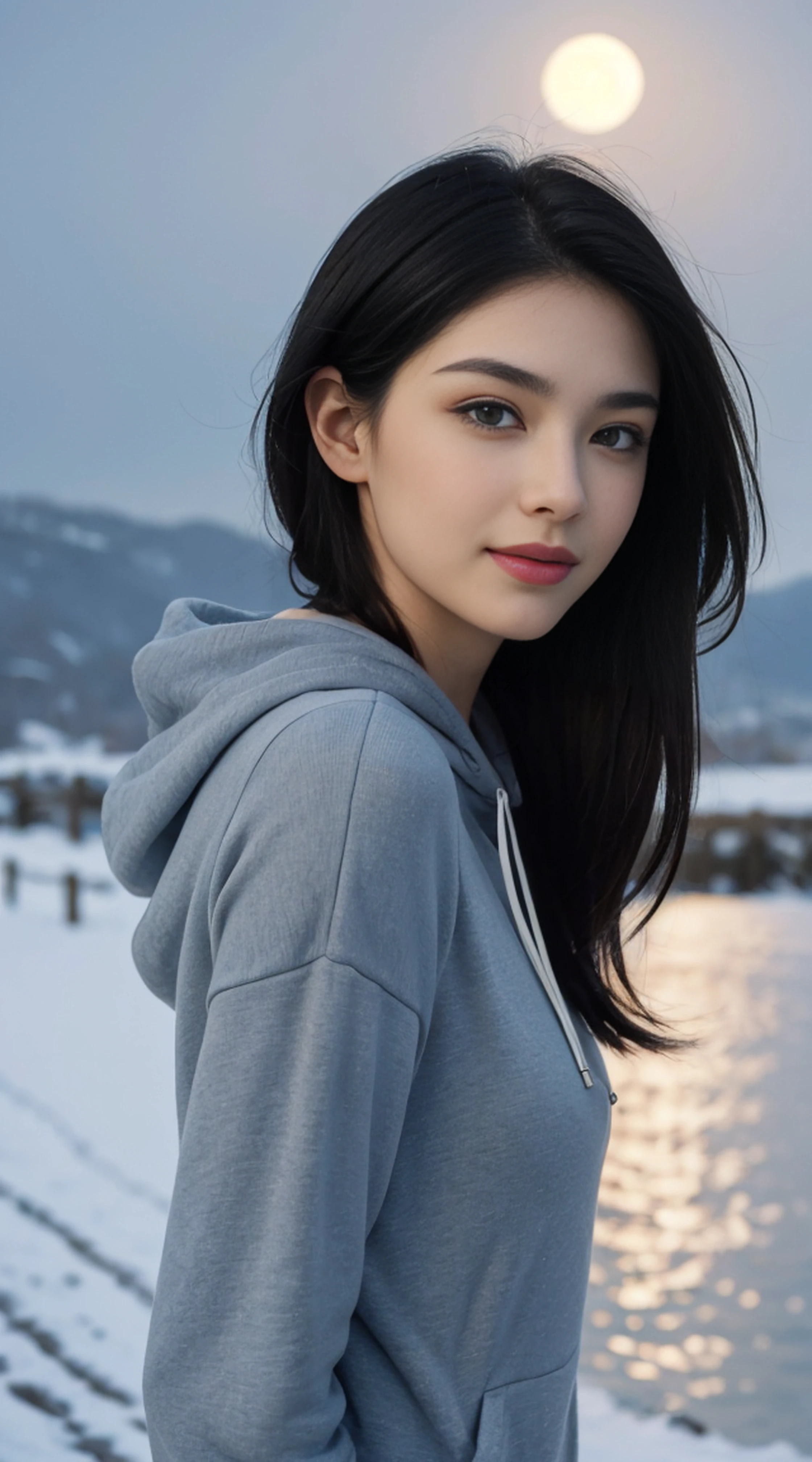 8K, Top Quality, Intricate Details, Ultra Detail, Ultra High Resolution, Masterpiece, random angle, Slender, Smile, (Makeup: 0.4), (Fluffy Blue Eyes: 1.21), blue Eyes, looking at viewer, ((full body)), 1girl, solo, 1 girl, (( full body)), close up shot, , ((tall)), (((fit body))), (((slim face))), sharp face, sharp eyes, (((black hair, long hair, )) , (detailed face), sharp face, small lips, windy ,
(( )), (zip hoodie)), detailed face, detailed breast, , large breast, detail ass, , Beautiful girl with accentuated slender abs: 1.4, Six Pack Abs: 1.4, Bust Botox, Big, Perfect Body, detail leg, (( moonlight)), top of mountain