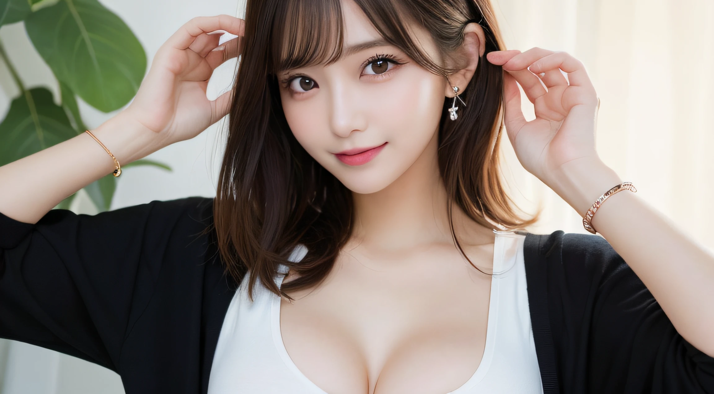 masutepiece、Best Quality、Illustration、 ultra-detailliert、hight resolution、8K Wallpapers、Perfect dynamic composition,、Beautiful detailed eyes、Women's Fashion Summer、Medium Hair、(Beautiful Large Breasts:1.3)、Natural Color Lip、Bold sexy poses、Smile、Harajuku、20 years girl、Cute、Sexy shot looking at camera