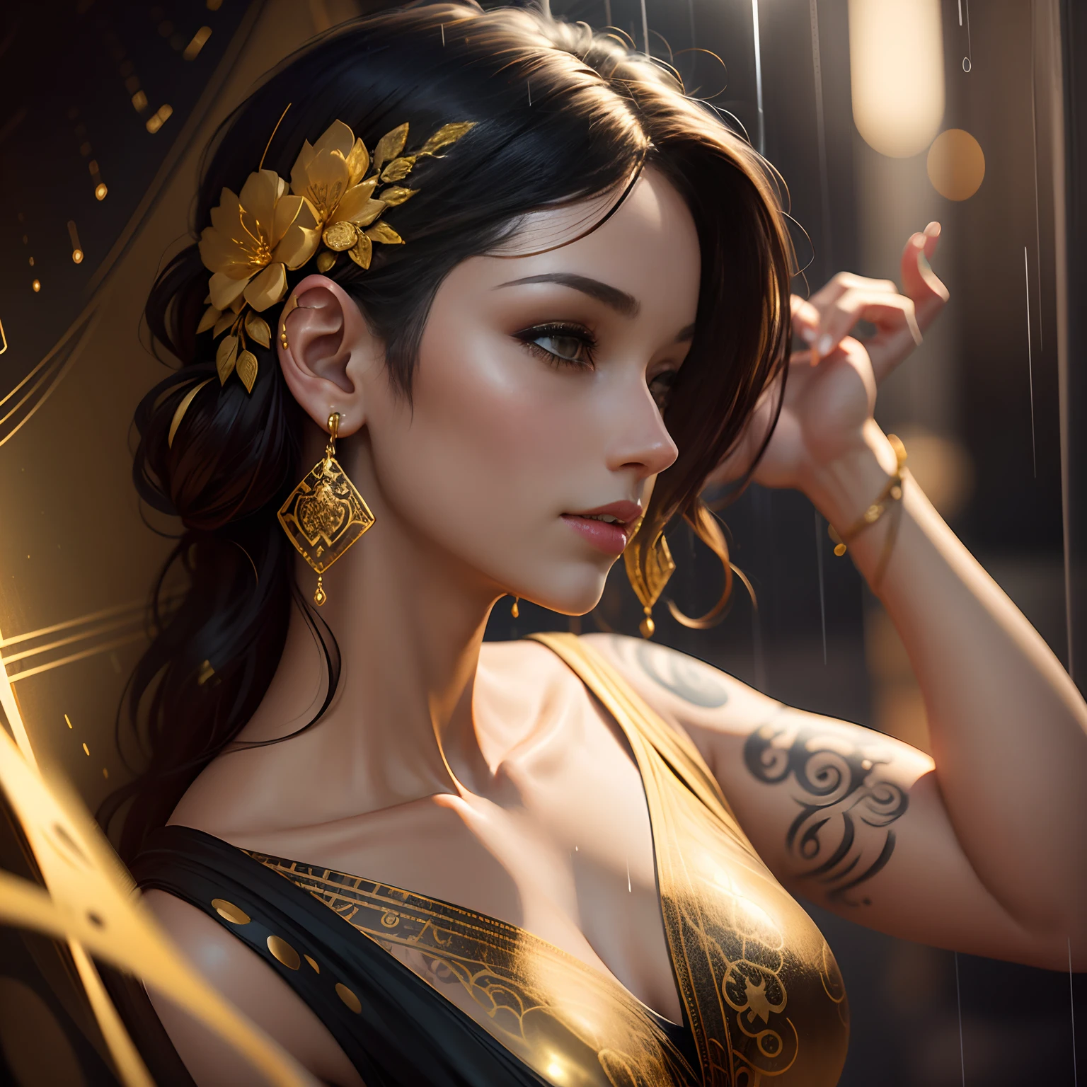Gold tattoo with golden earrings and girl in the rain, In the style of vray tracing, Martin Ansin, yuumei, Poured, close up, Dark white and gold, speedpainting, masutepiece, Best Quality,