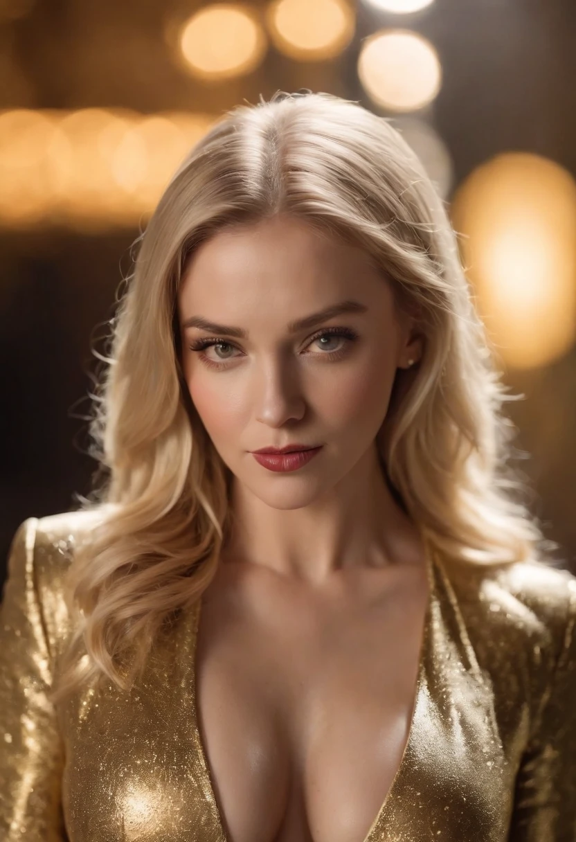 (Best quality,Realistic),Full body photo，white woman, Wear a tight gold suit, Stunning golden eyes, Silky straight blonde hair, Wide breasts, Oversized buttocks, Redlip, in the dark of night，Stand in a dimly lit dark alley, Sparse lighting.