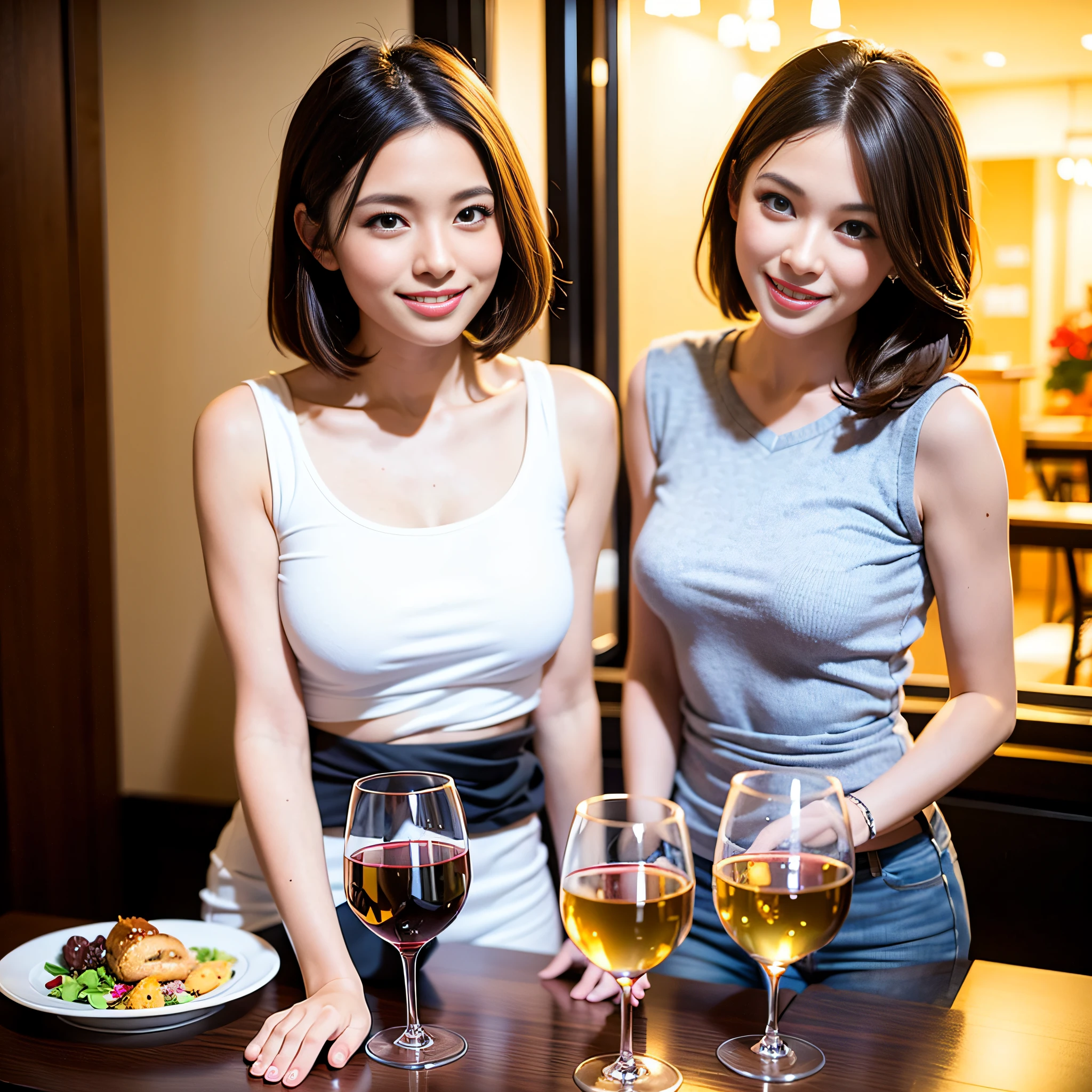 (64K, UHD, top quality, masterpiece: 1.2), (realistic, photorealistic: 1.37), super detailed, pretty woman 1 person, (slim face), (slim body), (brown hair), (short cut), cheeks slightly blushing, (35 years old), 38 years old, solo, beautiful detailed urban night view outside the window, restaurant, wine glasses sit, at night, in a prominent place (from the waist up) NovaFrogStyle, Actress, Model, Waist Up, White Wine, Slim, Wine Glass, Super Clean Night View, Wine Glass Put in the Middle, Happy Smile, (Smile: 1.15), Beautiful Fine Eyes, Upper Body, Bust Japan Up, Night, Short, Short, Actress, Model, Waist Up, White Wine, Slim, Wine Glass, Super Clean Night View, Wine Glass Put in the Middle, Happy Smile,