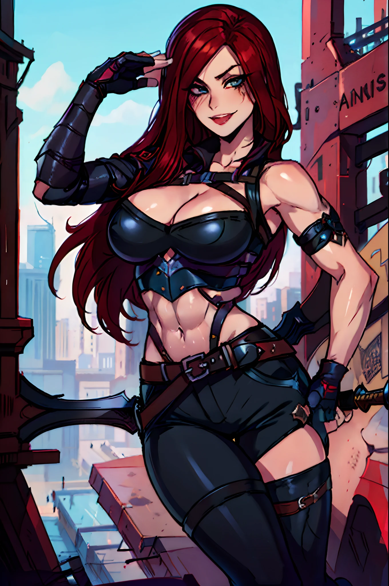 Masterpiece, best quality, portrait, (masterpiece, best quality)1.5, 1girl, solo, katarina, belly tattoo, black pants, knee-high lace-up boots, black gloves, harness, dual swords, long red hair, (large breasts:1.5), (toned body:1.5), smiling, smooth