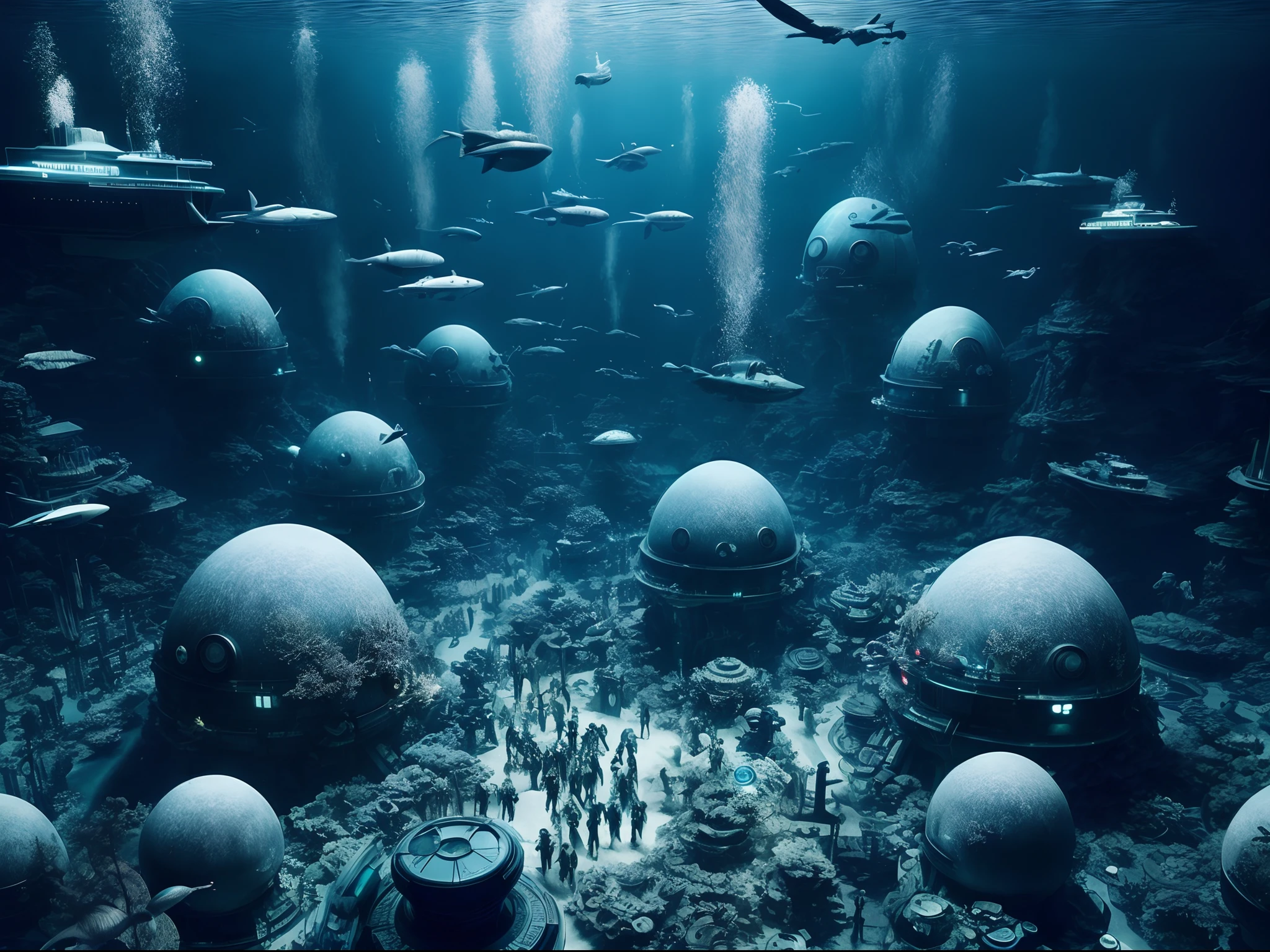 There are many different types of fish swimming in the ocean, futuristic underwater metropolis, an underwater city, an underwater city, depicted as a scifi scene, deep sea cyberpunk, inspired by Filip Hodas, in the art style of filip hodas, Underwater market, surreal sci fi set design, beeple and mike winkelmann, cyberpunk atlantis