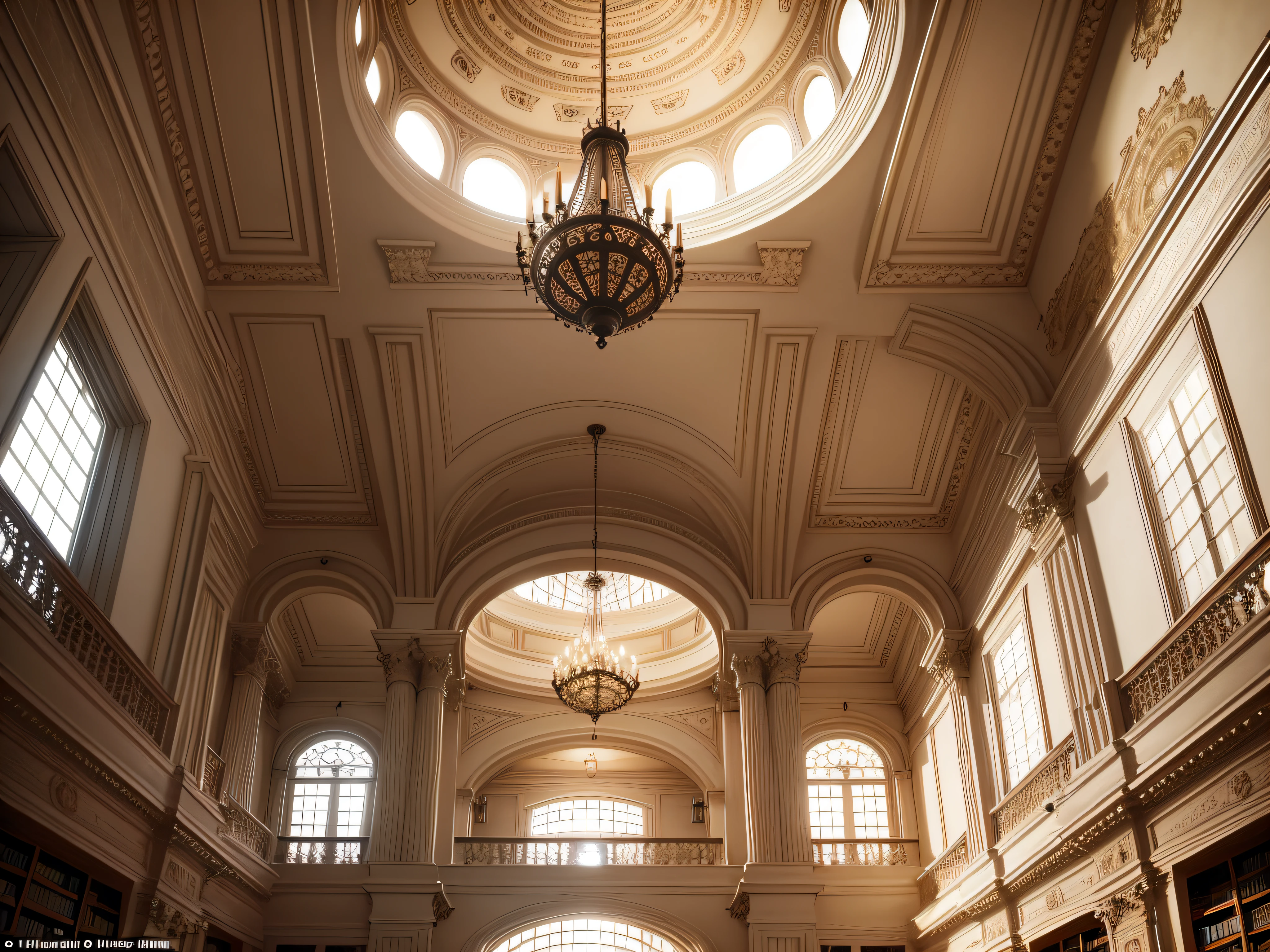 Historic Architecture: Libraries in historic buildings with ornate ceilings, chandeliers, and intricate details.