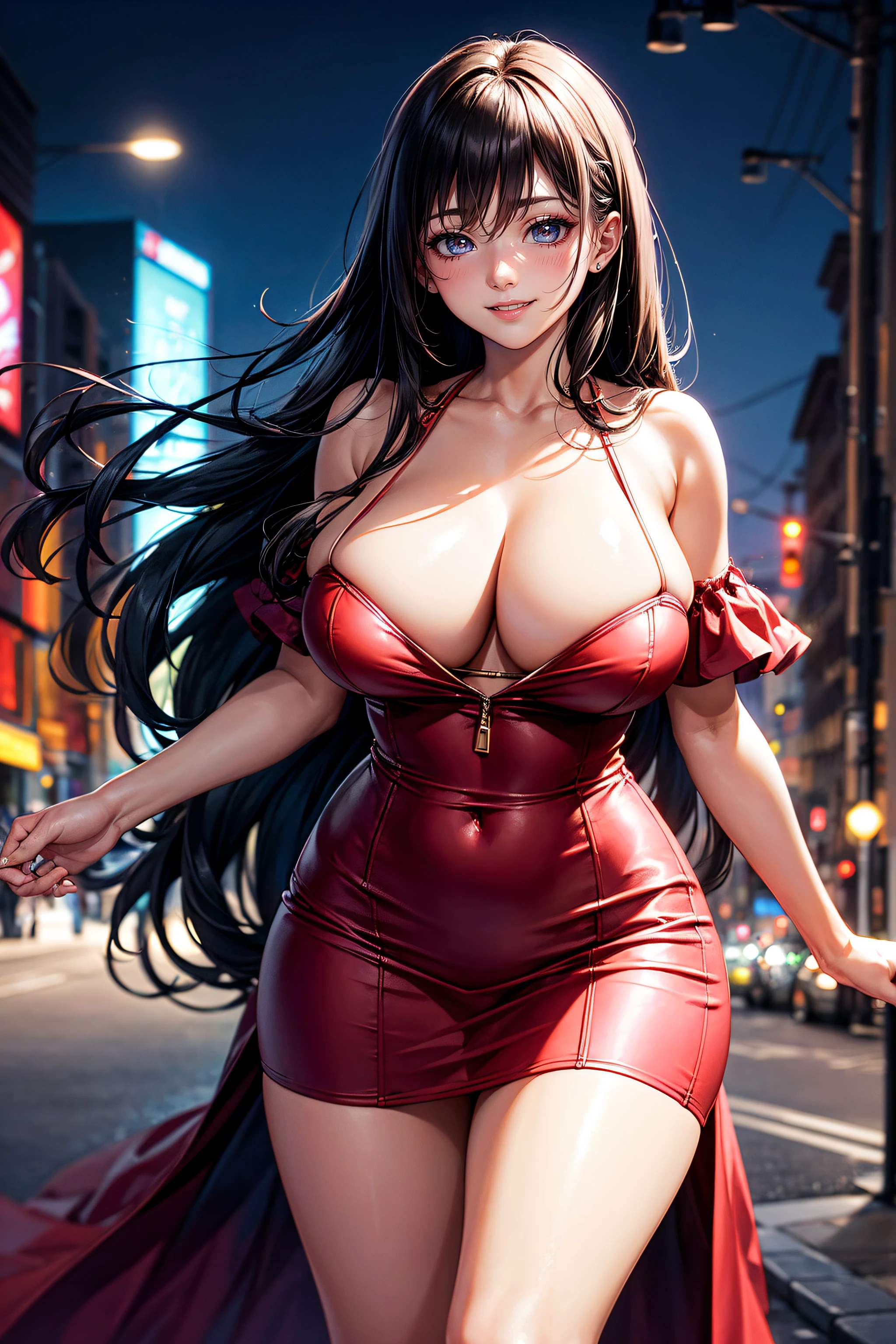 ((Cute and beautiful woman changing clothes)), ((22-year-old beauty)), ((embarrassed smile)), ((luscious long hair)), ((voluptuous bust)), ((outstanding style)), ((miniskirt)), ((gradient eyes)), ((background is a city night view)), attractive makeup, single view, NFFSW, UHD, retina, masterpiece, accurate, anatomical, scientifically correct , textured skin, super detail, high detail, high quality, award winning, highest quality, high resolution, 1080P, HD, 4K, 8k, 16k