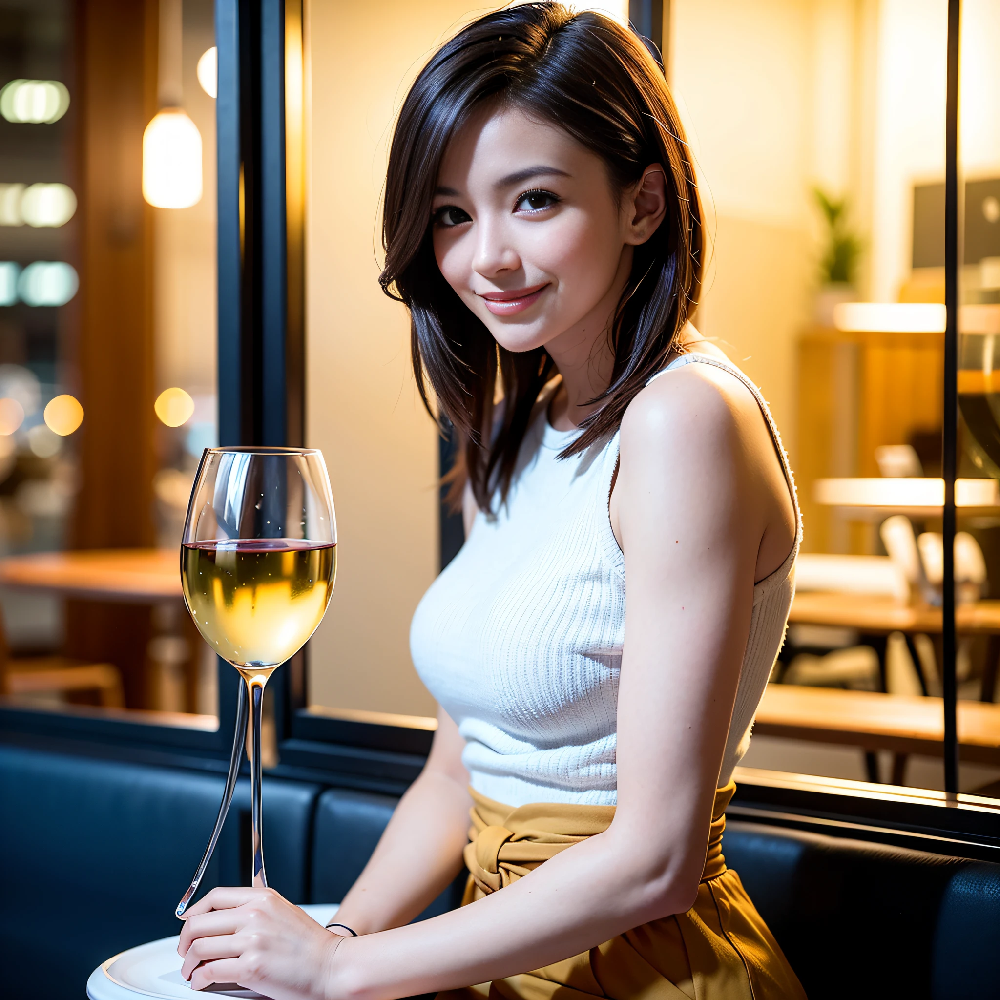 (64K, UHD, top quality, masterpiece: 1.2), (realistic, photorealistic: 1.37), super detailed, pretty woman 1 person, (slim face), (slim body), (brown hair), (short cut), cheeks slightly blushing, (44 years old), 38 years old, solo, beautiful detailed urban night view outside the window, restaurant, wine glasses sit, at night, in a prominent placeNovaFrogStyle, Actress, Model, Waist Up, White Wine, Slim, Wine Glass, Super Clean Night View, Wine Glass Put in the Middle, Happy Smile, (Smile: 1.15), Beautiful Fine Eyes, Upper Body, Bust Japan Up, Night, Short, Short, Actress, Model, Waist Up, White Wine, Slim, Wine Glass, Super Clean Night View, Wine Glass Put in the Middle, Happy Smile,