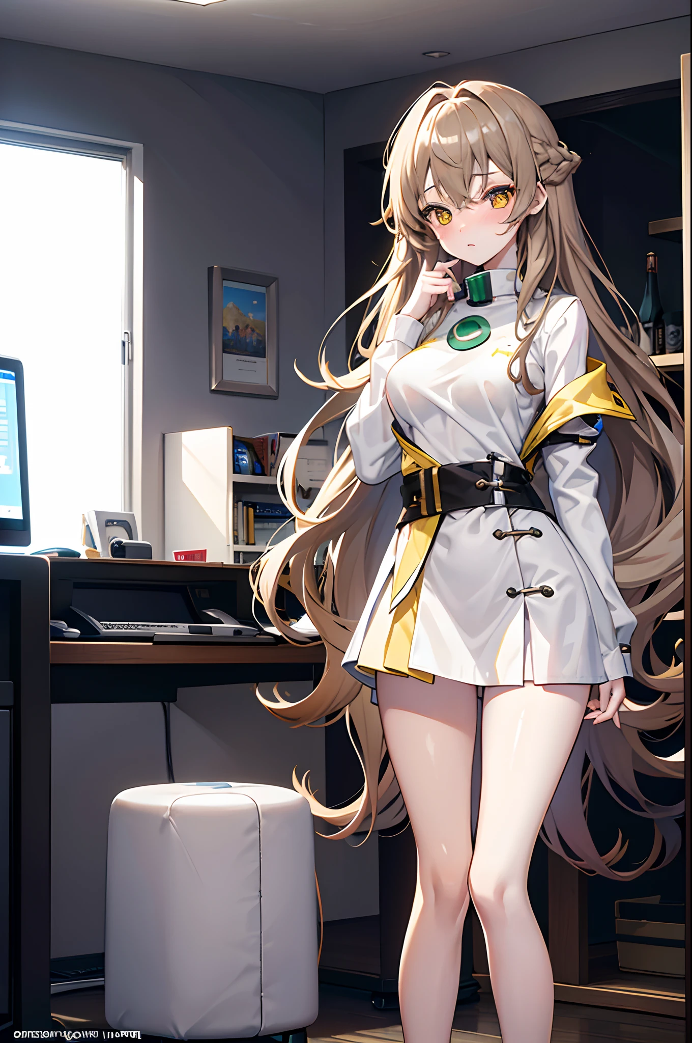1 eighteen-year-old gamer woman, long wavy light brown hair, yellow eyes, long eyelashes, soft facial line, big breasts, small waist, shapely body, blushing, shy, innocent atmosphere, short stature, beautiful body, pale skin white jade, high resolution, 4k, detailed eyes, dressed in loose clothing, ultra quality, 8k, HD, game room. amazing room, otaku, amazing computer, play on the computer, drink a soda
