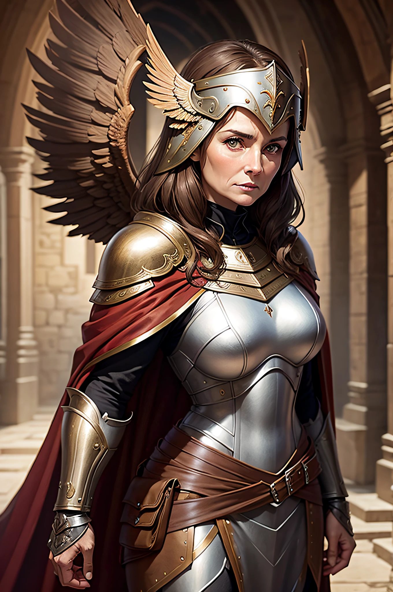 medieval setting, older woman, brown eyes, brown hair, winged helmet, amazon armor, cape