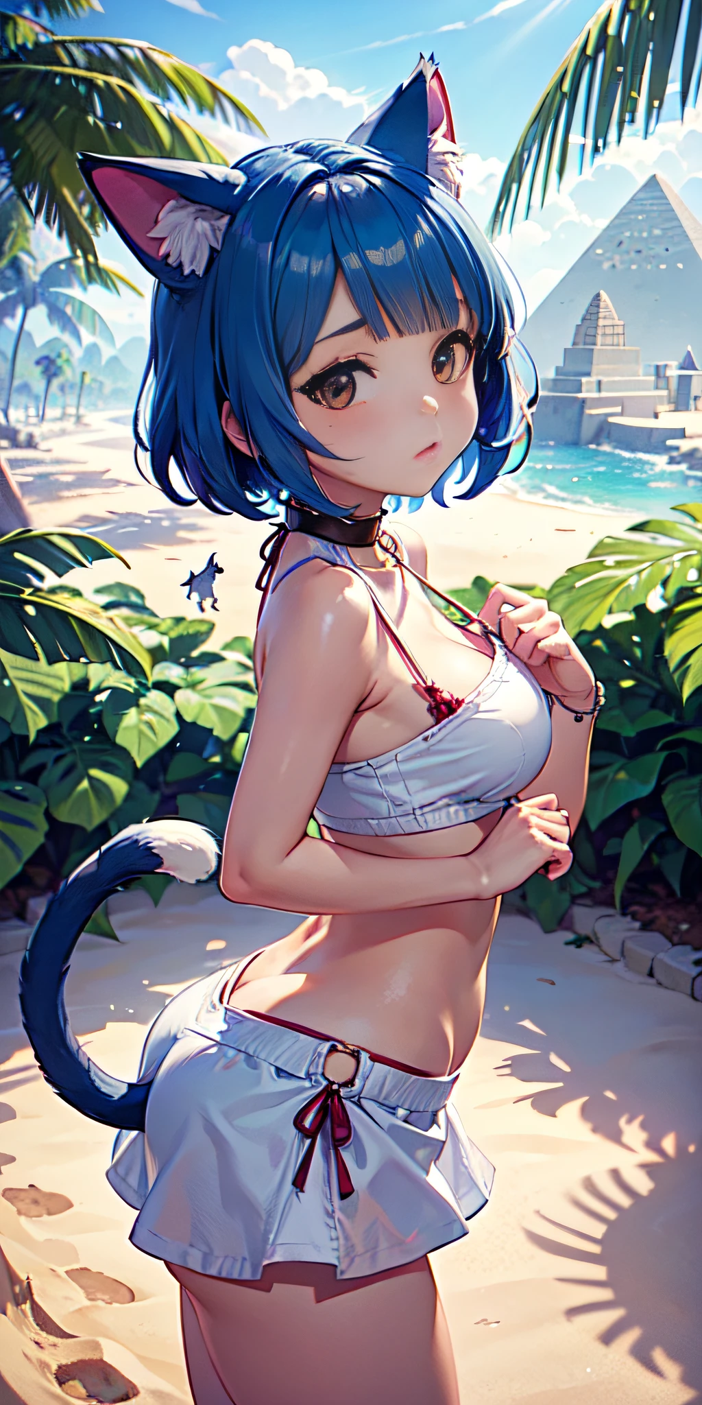 cowboy shot, masterpiece, best quality, intricate details, illustration, epic lighting, cinematic composition (ankha (animal crossing), cat tail, cat ears, short blue hair with bangs), super tight white microskirt, deadpan, (looking at viewer: 1.1), professional seductress, seductive pose, outdoors, desert, sand, oasis, palm trees, river, pyramid