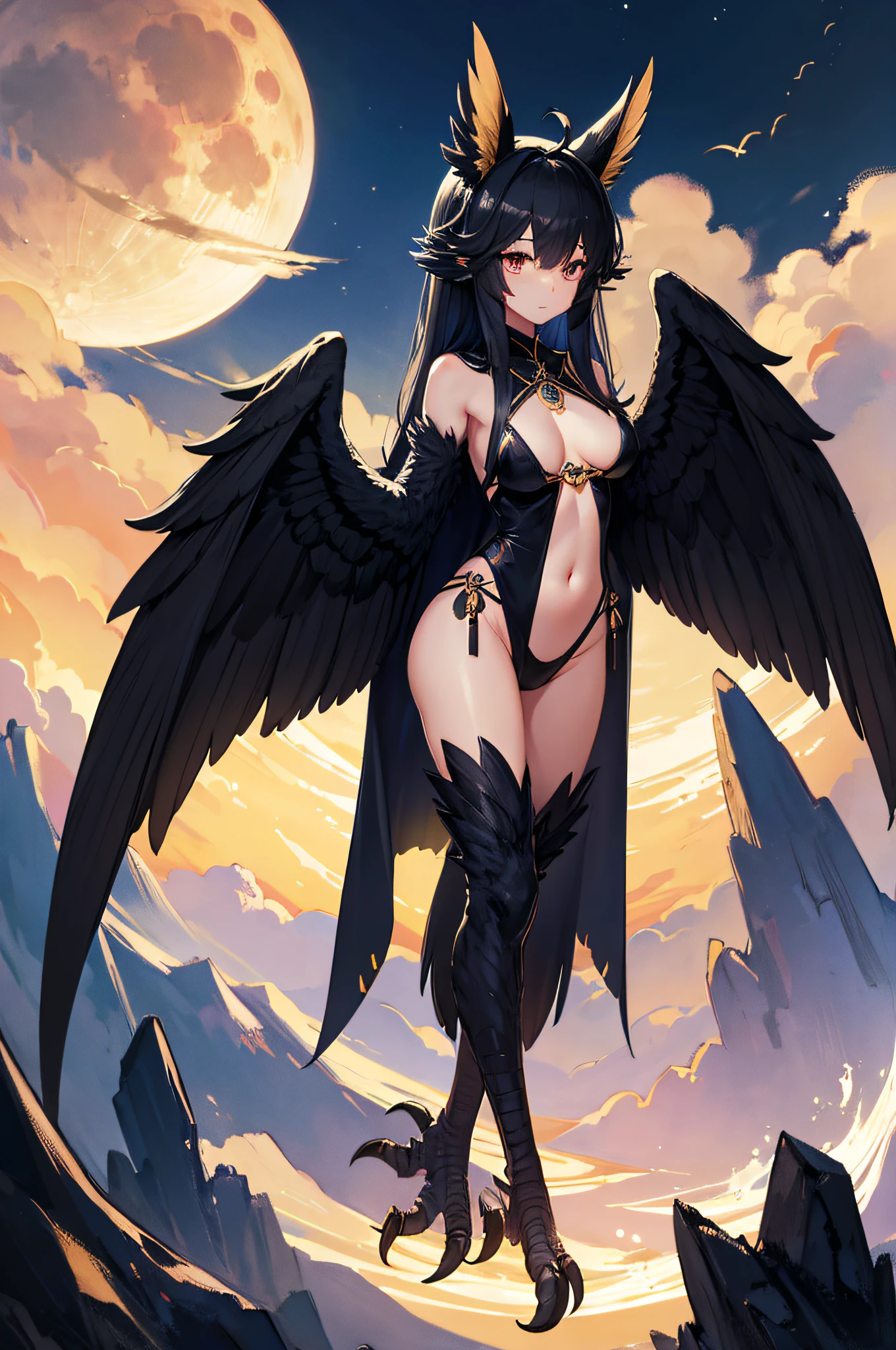 4K,hight resolution,One Woman,harpy,toenails,large wings of black color,,Anubis costume,Skysky、a moon