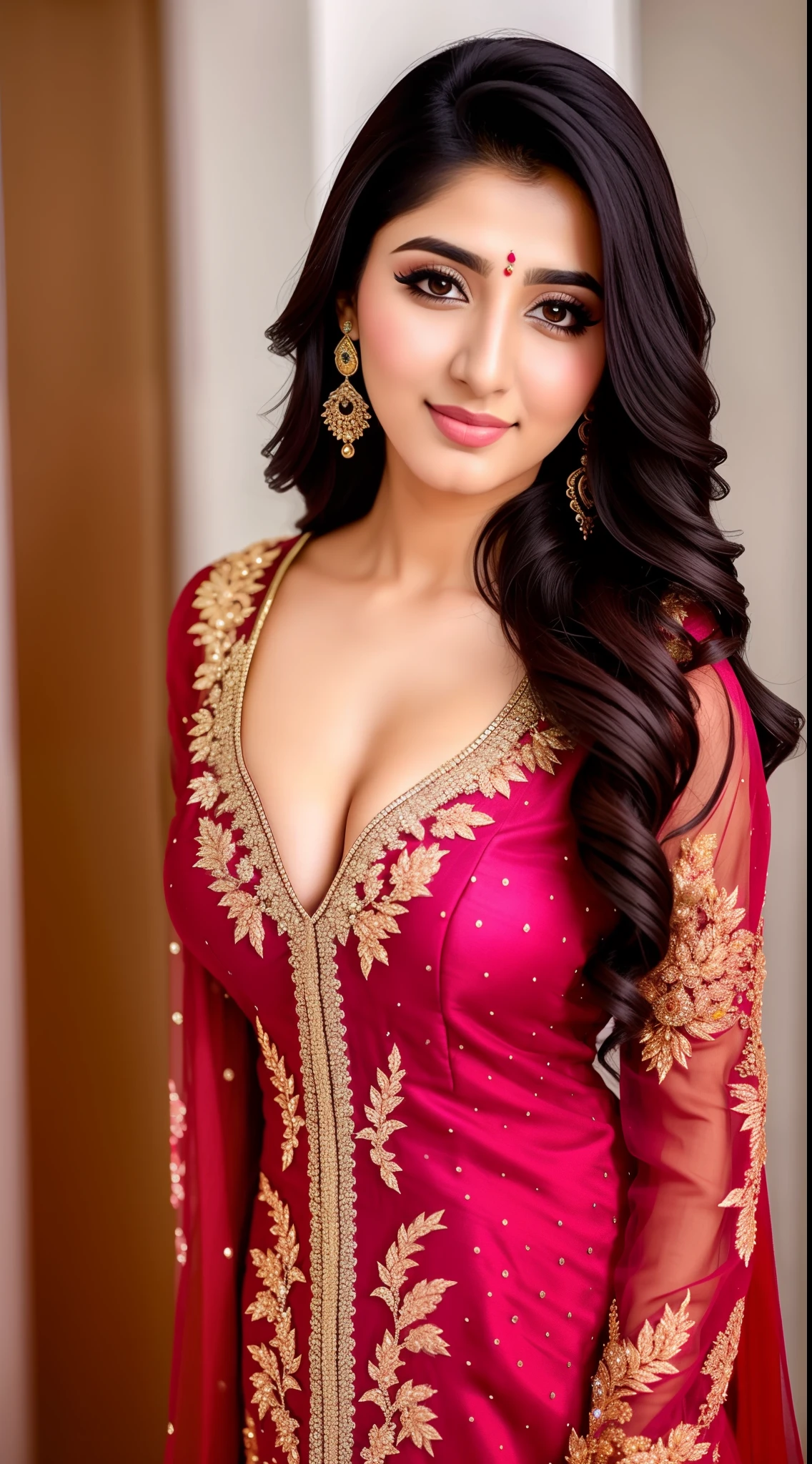 Beautiful pakistani 25 year old girl in beautiful dress, 8K, sharp image, dynamic pose, deep cleavage