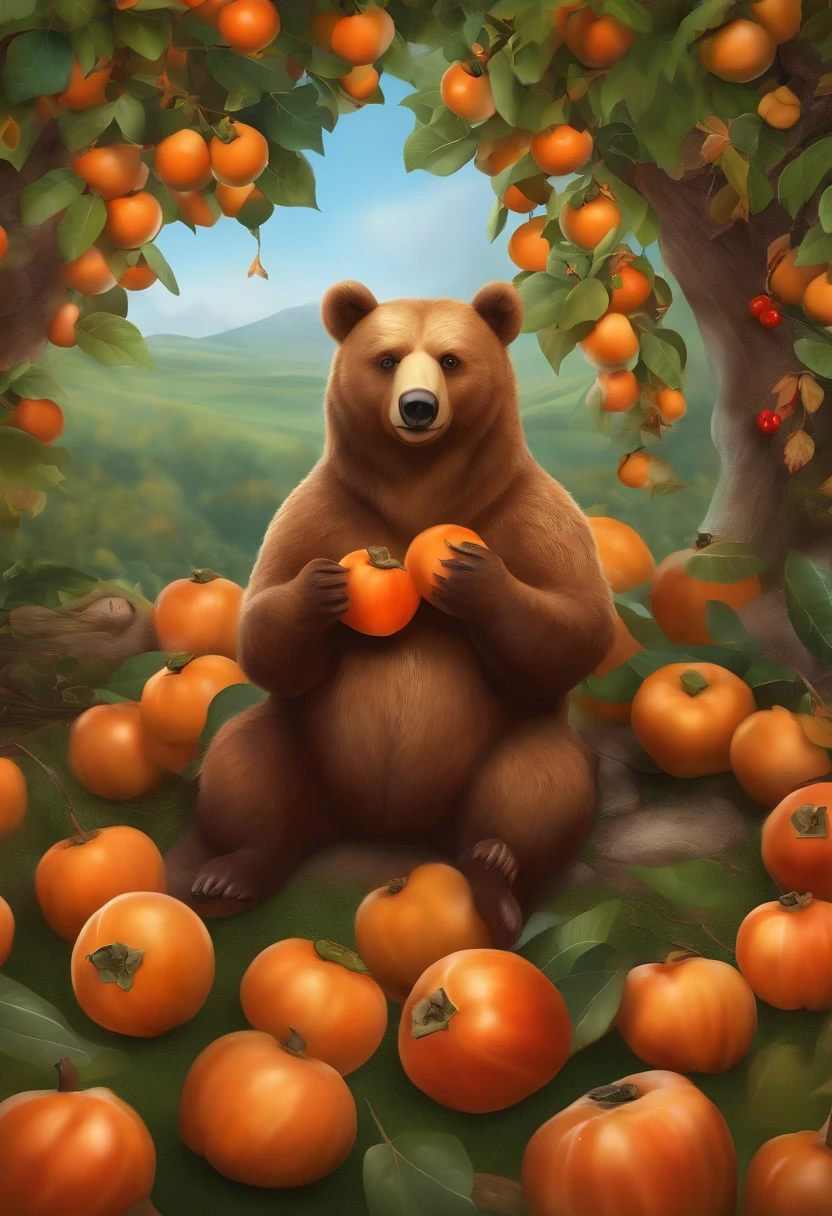 8K，tmasterpiece，high qulity，Cartoon bear，illustration，Q version，Under the tree，Sit and eat persimmons