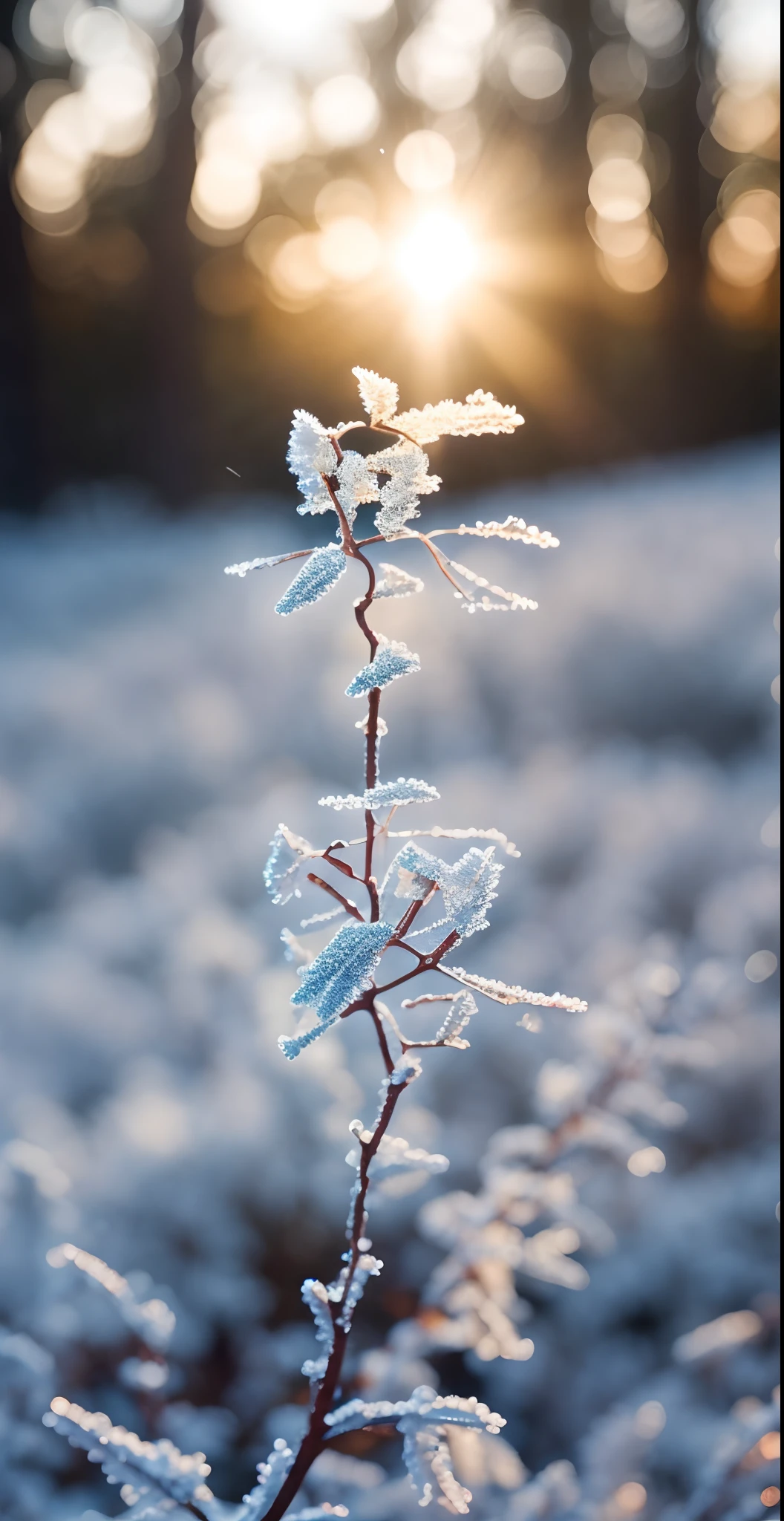 Close-up of plants，tree branch，Foliage，Covered with frost，Yuki，Frost，in the early morning，Halo，ln the forest，depth of fields，back lit lighting，（Macro lens：1.3），Optical illusion，Close-up Shot Shot，Background bokeh，photorealestic，SENSE OF CINEMA，professional photoshooting，Sony FE GM，Lens flare，35mm，macro photograph，16k，Wallpaper phone，crystals fantasy，crystals，crystal