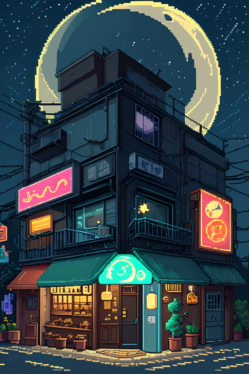 no humans, outdoors, sky, night, moon, plant, ramen shop, star (sky), night sky, scenery, city, sign, potted plant, wide shot, crescent moon, neon lights, pixel art, pixel