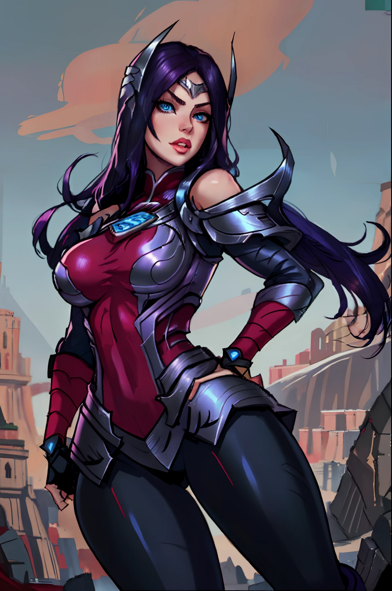 1girl, long hair, ((blue eyes)), solo, black hair, Irelia, looking at viewer, purple hair, armor, lips, shoulder armor, foreshortening, symmetrical eyes, sexy pose, medieval background, medium breasts, portrait, best qualirt, master piece