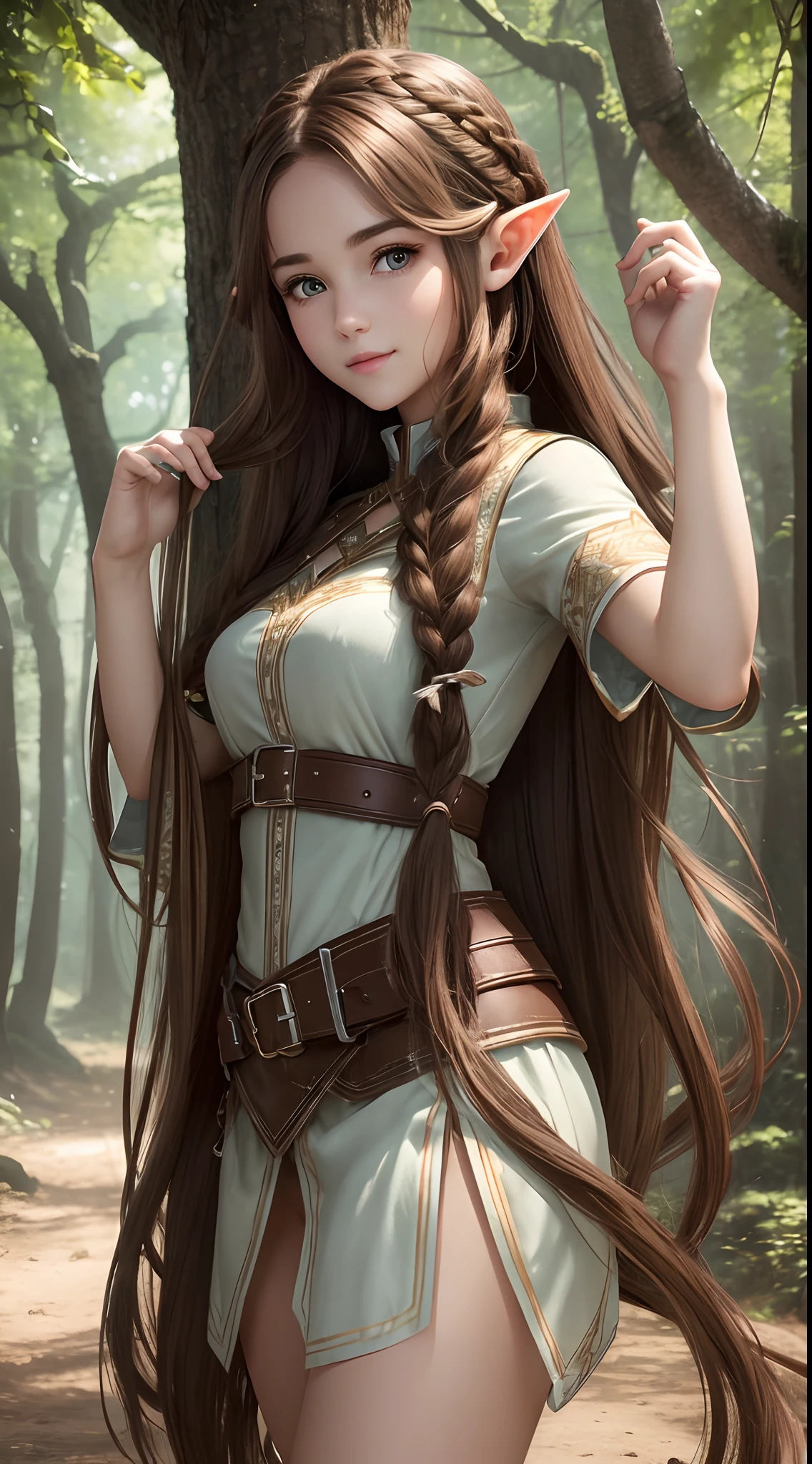 ((Best quality))) (((HD))) (((8K))) (Character) 20-year-old girl, ((Adventurous)) elf, ((Beautiful)) and ((cheerfulness)), ((Brown hair)) and ((Long hair)).