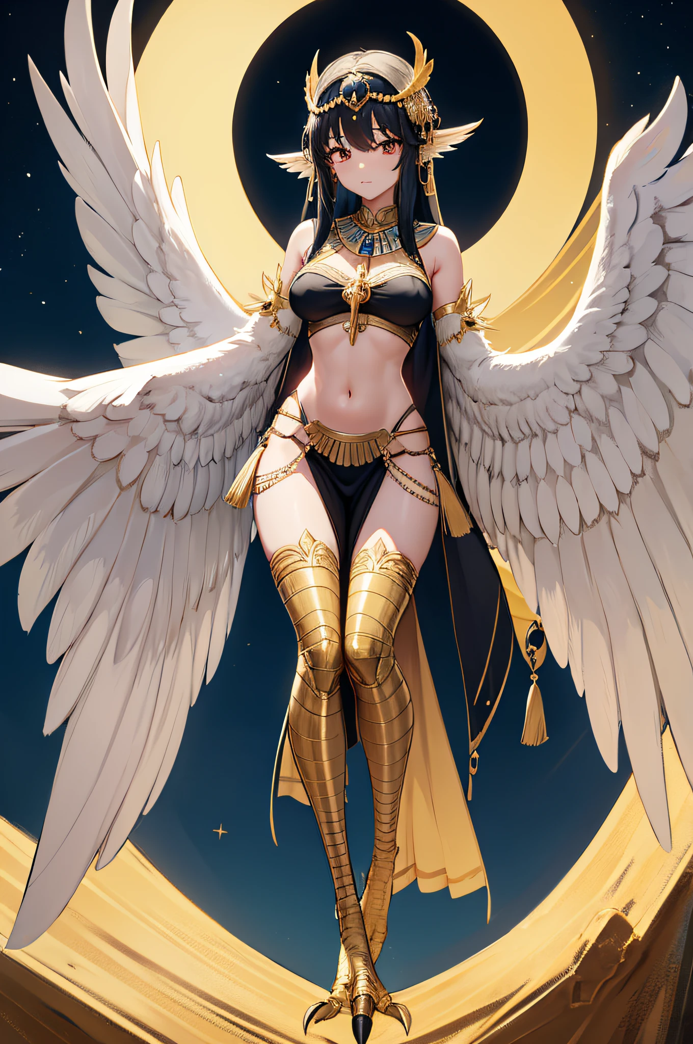 4K,hight resolution,One Woman,harpy,Black hair,toenails,White wings,Ancient Egypt,Queen of Egypt,Costume with golden decoration,jeweled costume,Navel Ejection,Skysky、a moon