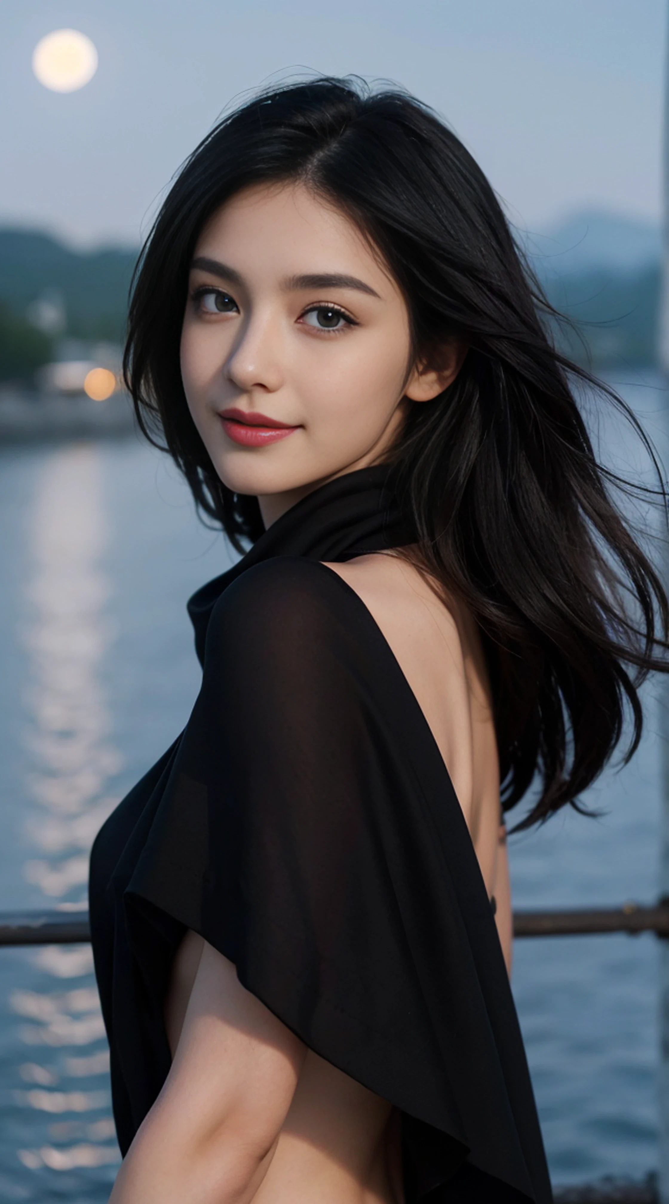 8K, Top Quality, Intricate Details, Ultra Detail, Ultra High Resolution, Masterpiece, random angle,  Slender, Smile, (Makeup: 0.4), (Fluffy Blue Eyes: 1.21), blue Eyes, looking at viewer, ((full body)), 1girl, solo, 1 girl, (( full body)), close up shot, , ((tall)), (((fit body))), (((slim face))), sharp face, sharp eyes, (((black hair, long hair, )) , (detailed face), sharp face, small lips, windy ,
 (( )), (shawl)),  detailed face, detailed breast, , large breast, detail ass, , Beautiful girl with accentuated slender abs: 1.4, Six Pack Abs: 1.4, Bust Botox, Big, Perfect Body, detail leg, (( moonlight)), top of mountain