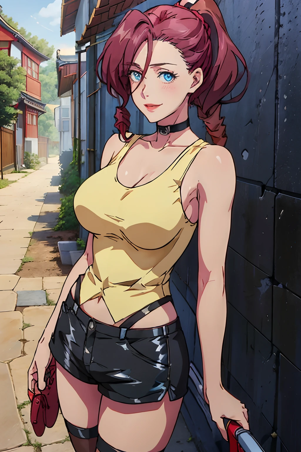 Masterpiece, Best quality, 1girll, Solo, Akryūzo Temple, Red hair, Blue eyes, pony tails, Drill hair, Blush, Large breasts, choker necklace, vests, exploited, Shorts, thigh band, blackfootwear, standing, In an alley, Sunlight, Blue sky, Perfect light, view the viewer, Light smile,