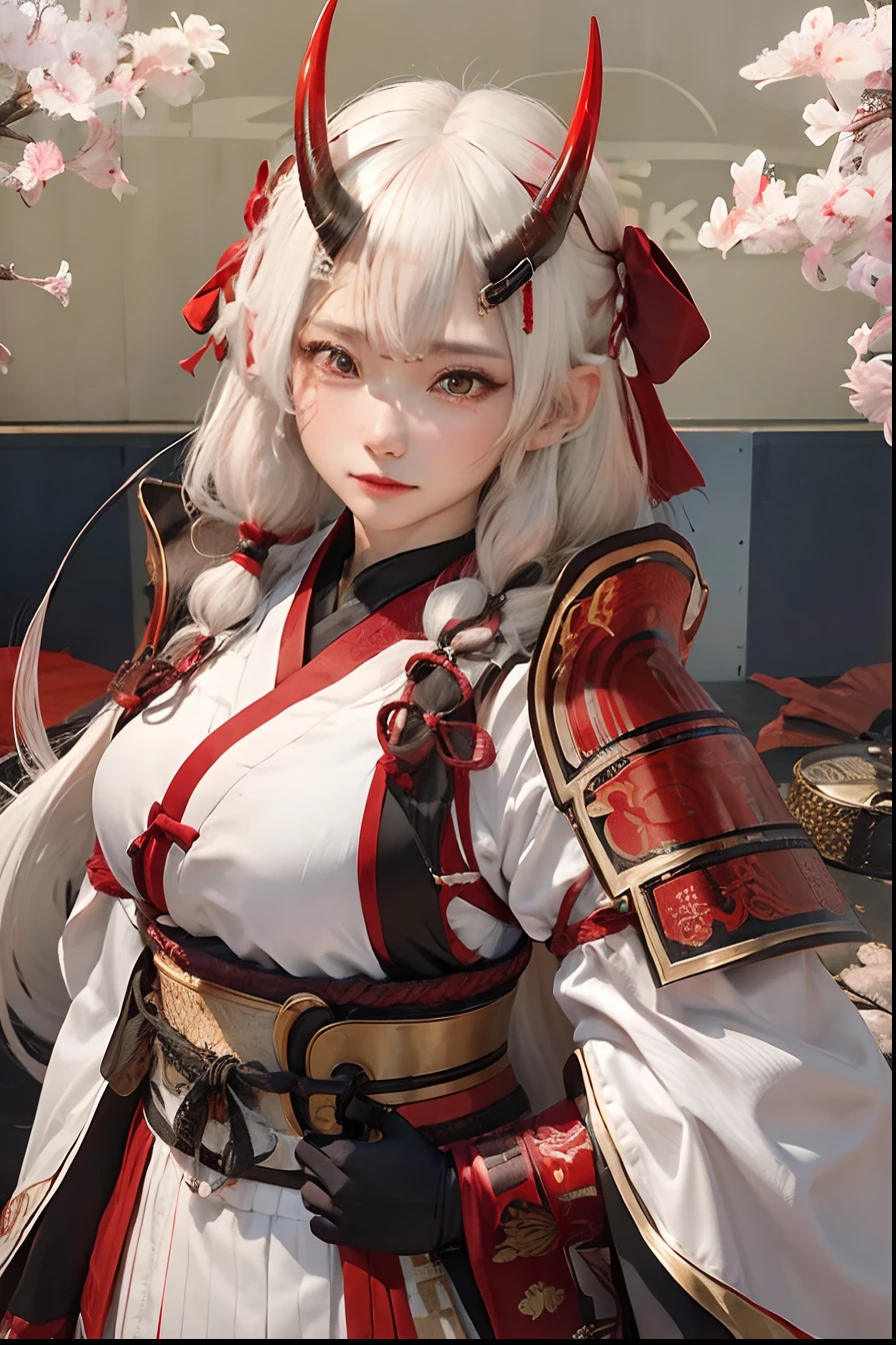 1girl, tomoe gozen, oni horn, long hair, white hair, realistic, ultra detail, 8k, 70mm lens